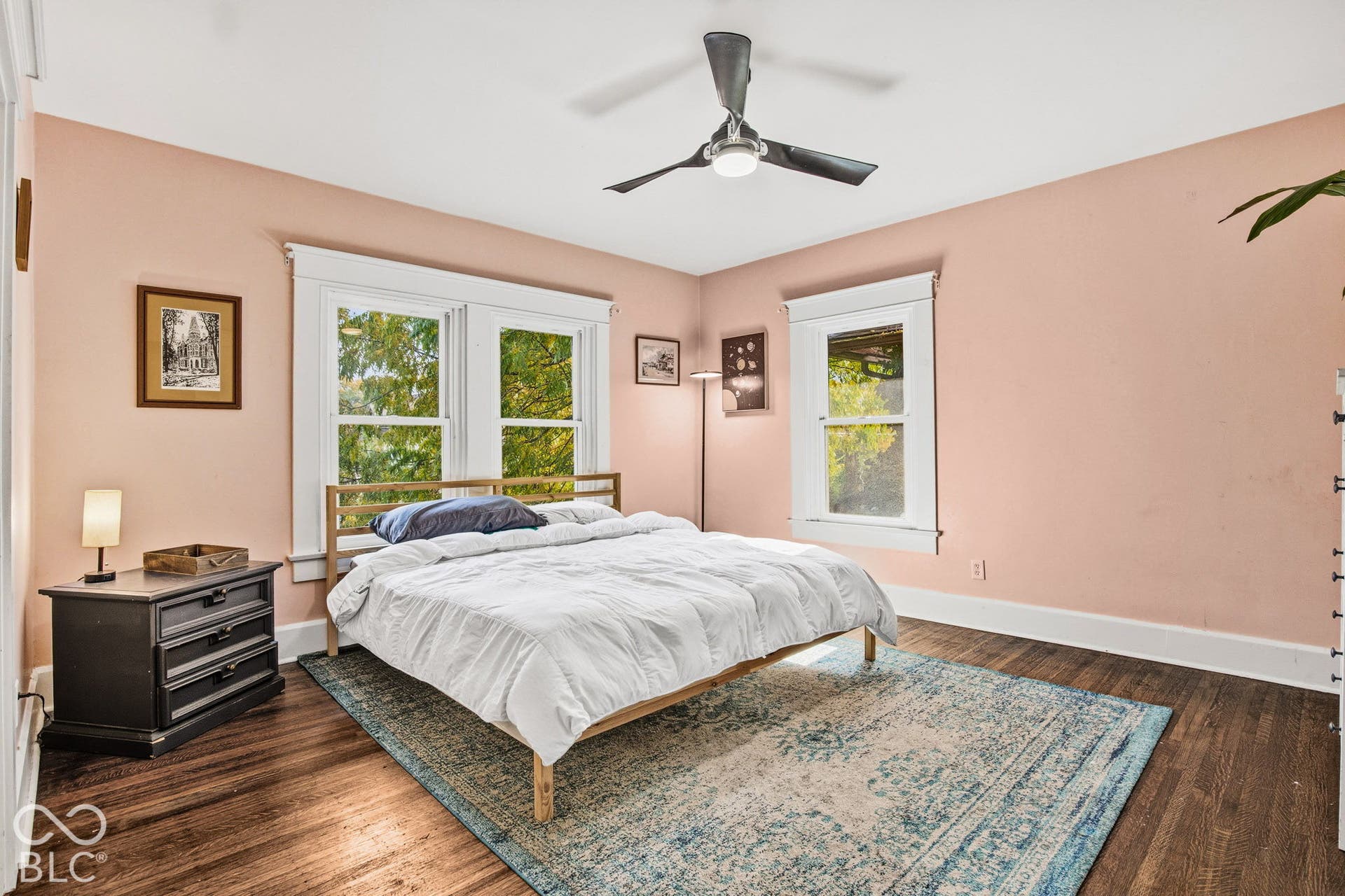 Room featuring wood-finish flooring, multi-pane windows with thick casing, and a black ceiling fan