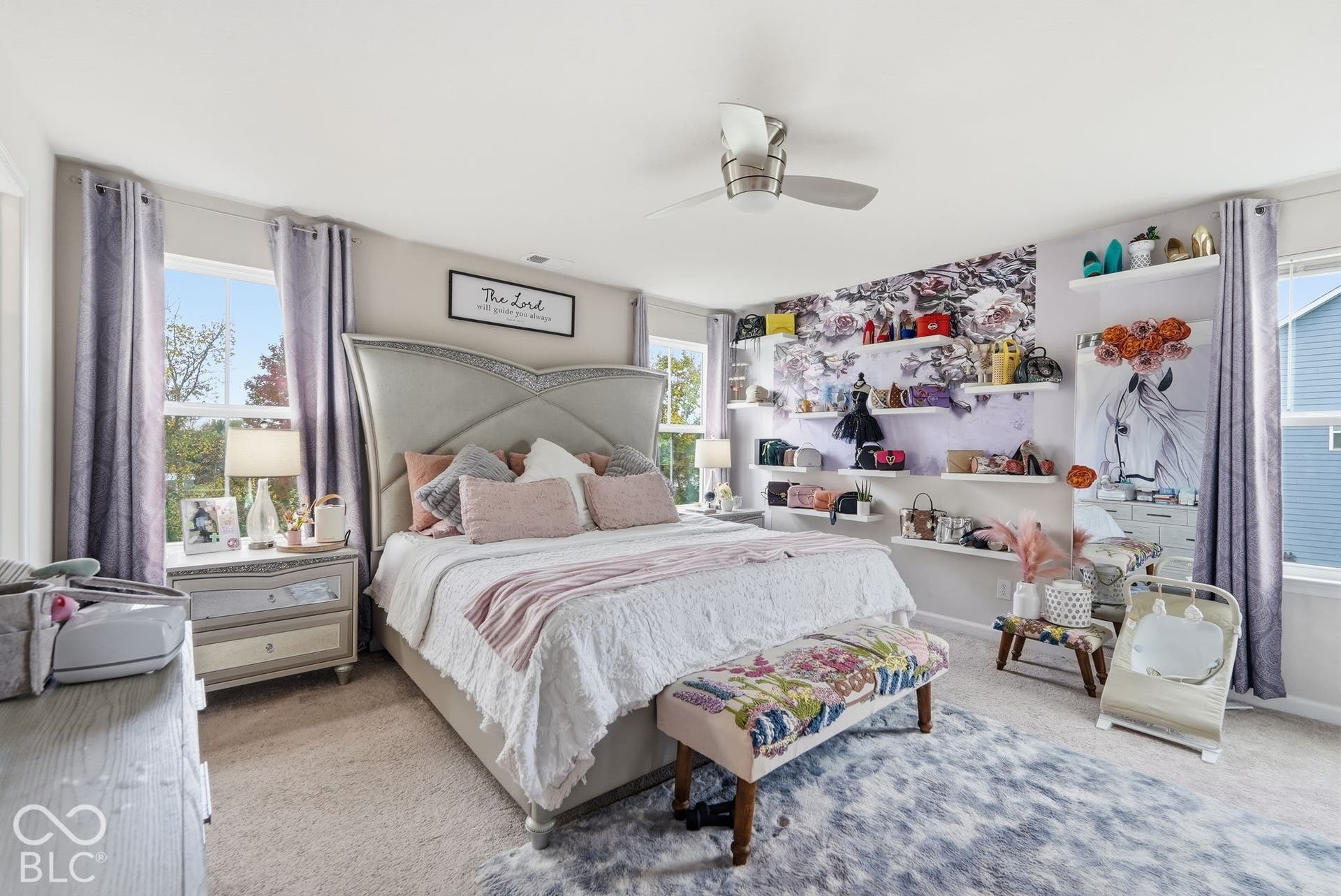 275 Bohicket Road, Whiteland, IN 46184 Room featuring carpeted flooring, a ceiling fan, and multiple wall-mounted floating shelves