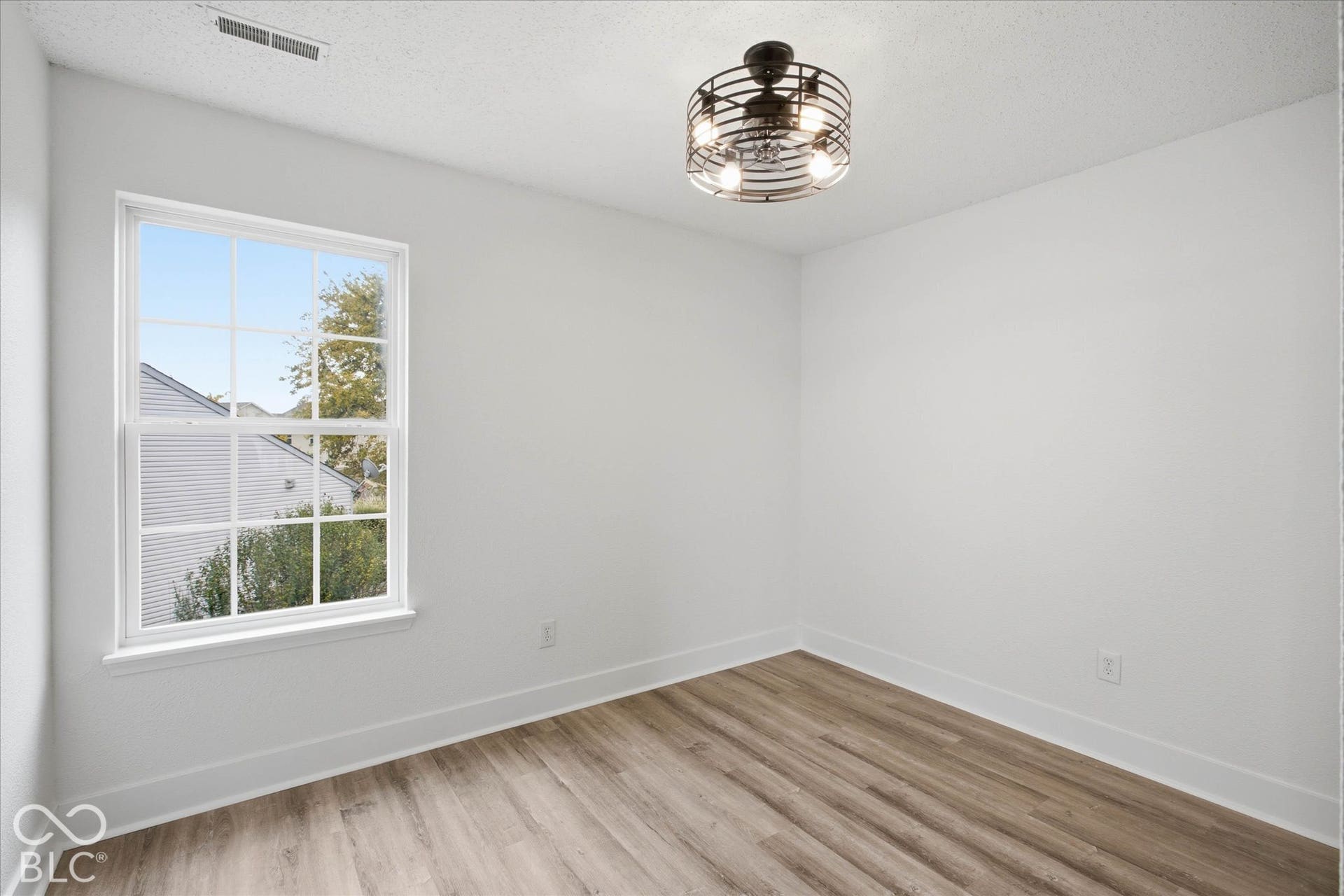 9607 Piper Lake Drive, Indianapolis, IN 46239 Neutral interior space featuring wood-finish flooring, a multi-pane window, and a cage-style industrial ceiling light fixture