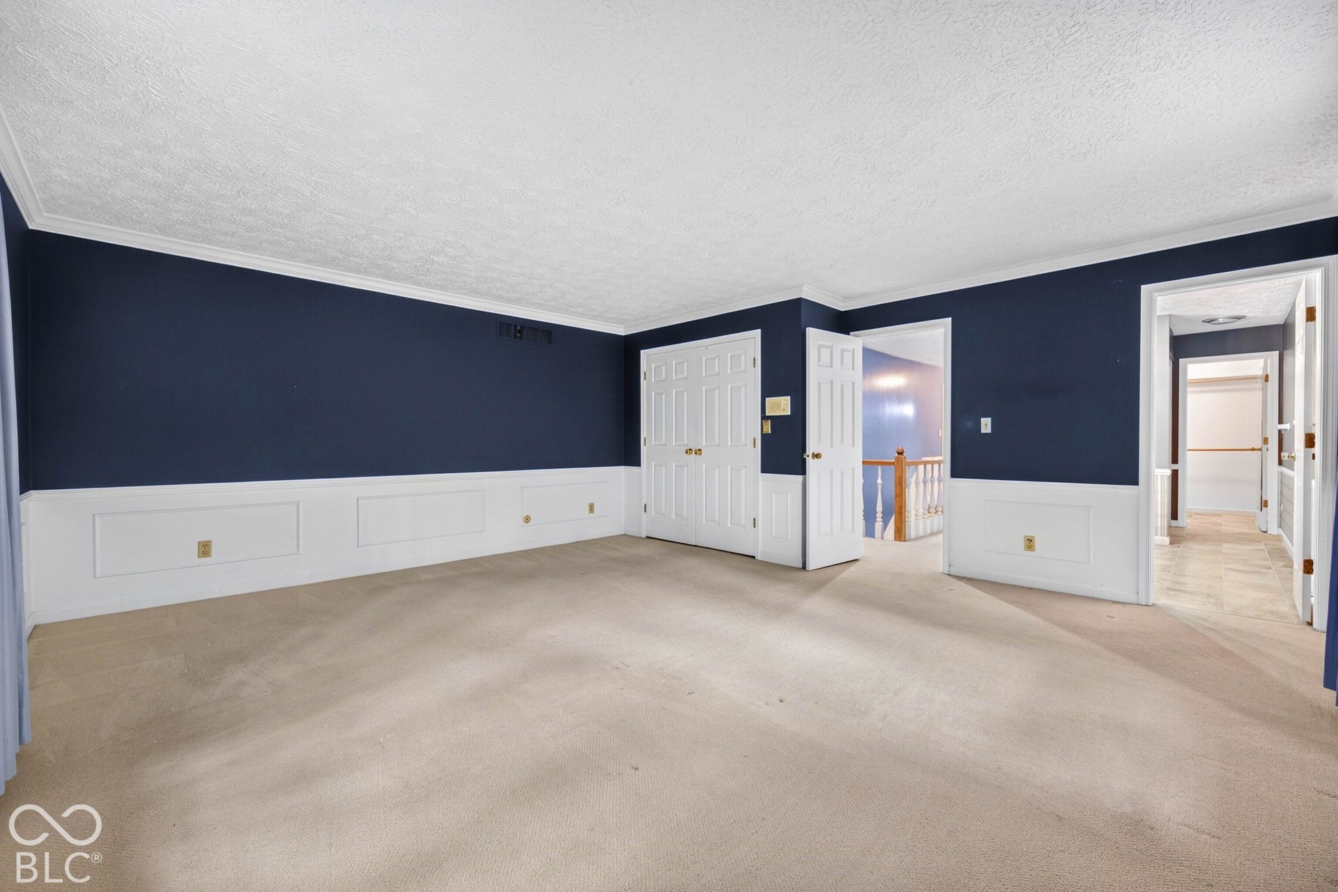 Interior room featuring navy blue walls, white wainscoting, crown molding, and dual-panel closet doors