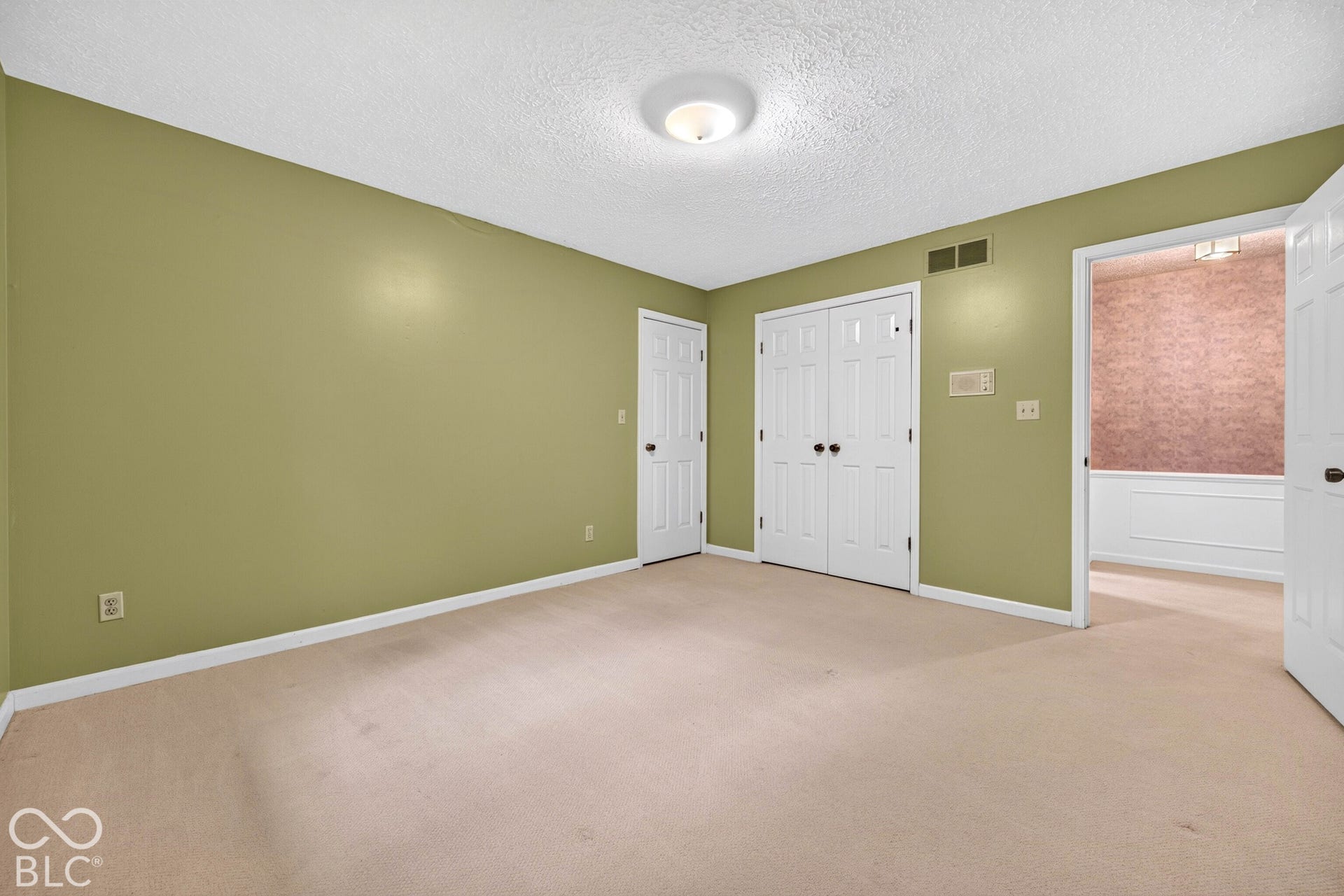 Interior room featuring neutral carpeting, white six-panel doors, double-door closet, and flush-mount ceiling lighting