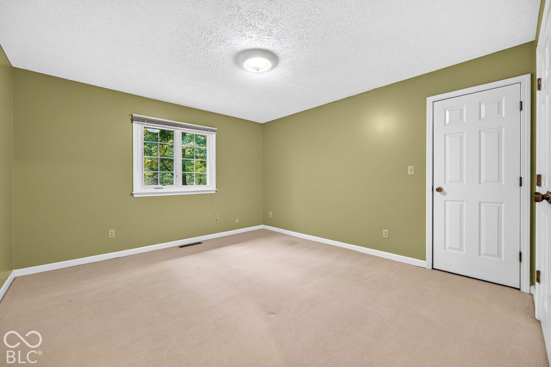 Interior room featuring neutral carpeting, a dual-pane window with white trim, and a white six-panel interior door