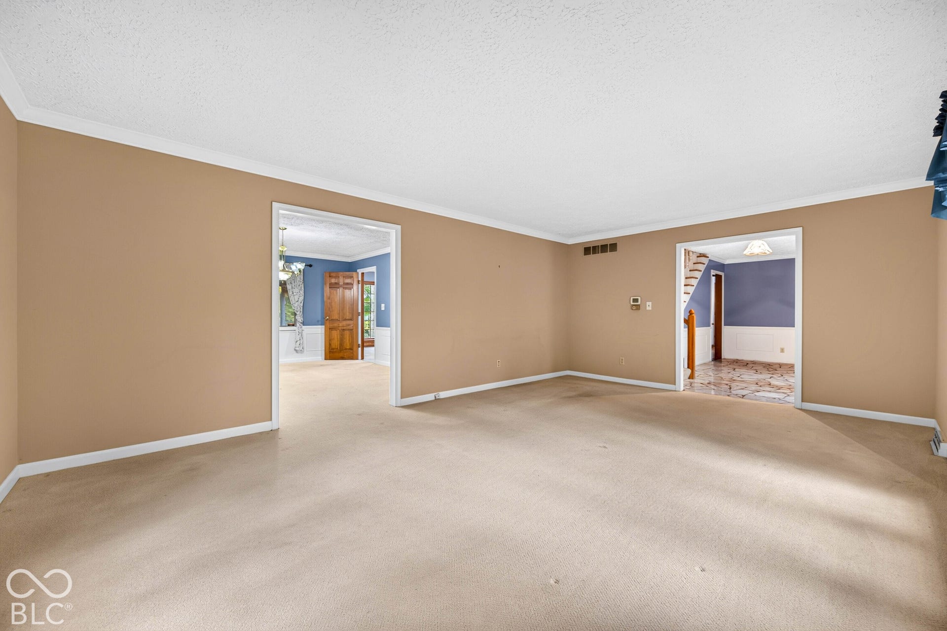 Interior room featuring wall-to-wall carpeting, crown molding, and two wide rectangular entryways