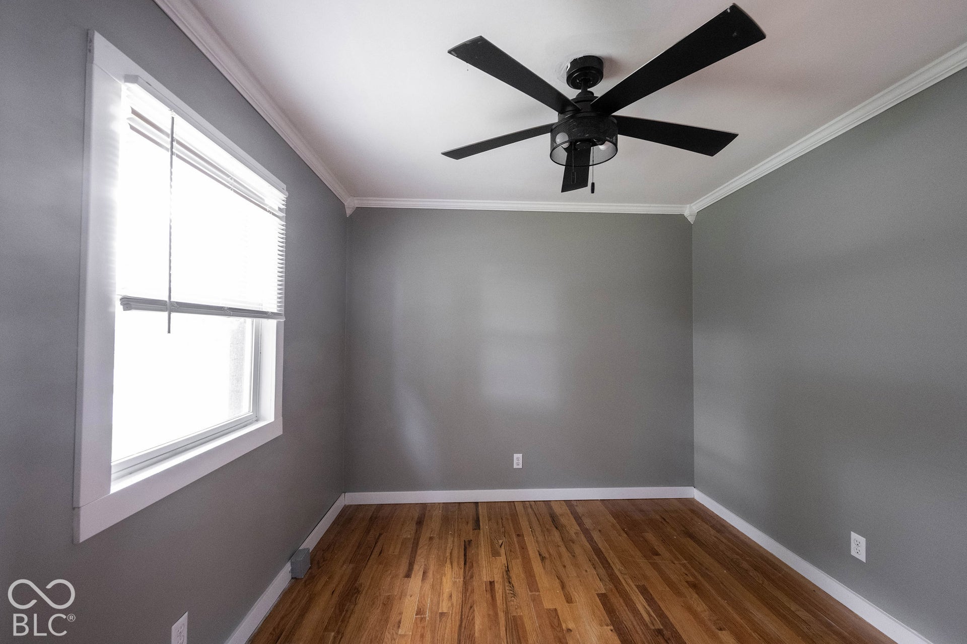 Room featuring wood-finish flooring, matte black ceiling fan, white crown molding, and neutral wall paint