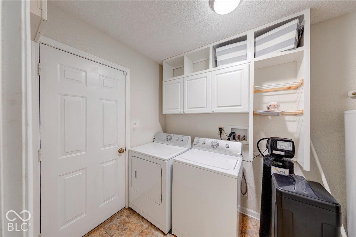 6405 Lonestar Drive, Indianapolis, IN 46237 Laundry room featuring white shaker-style cabinetry, open shelving, and a solid-core door