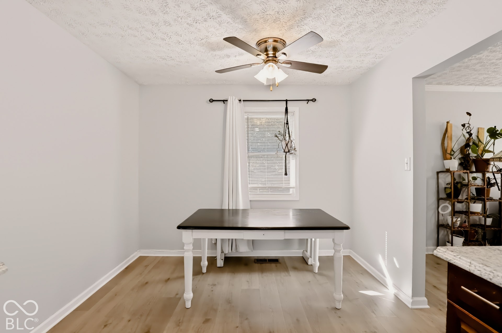 Neutral-toned interior featuring wood-finish flooring, a central ceiling fan with an integrated light fixture, and a single-pane window