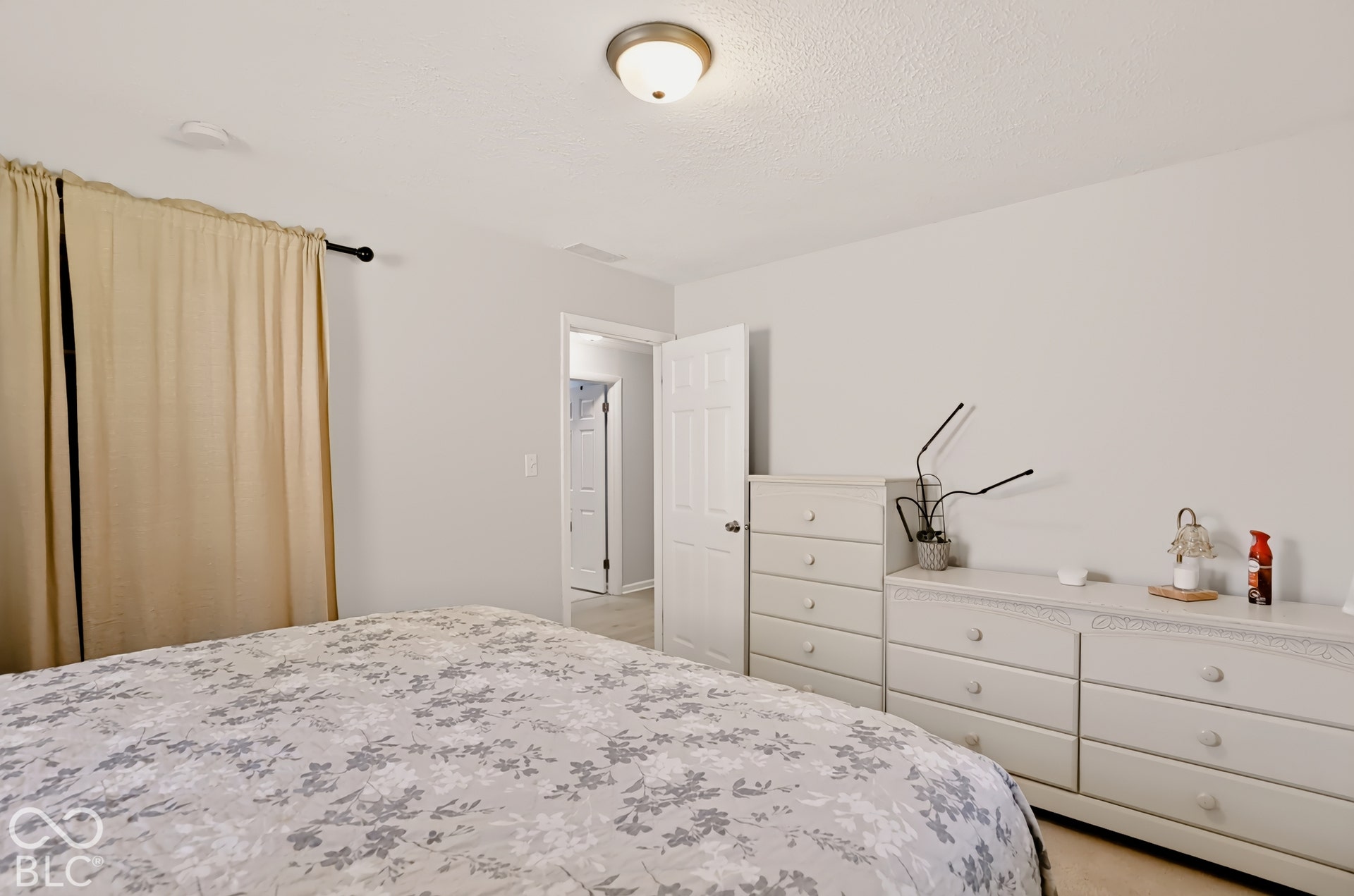 Neutral wall color palette, interior six-panel door, and flush-mount ceiling light fixture