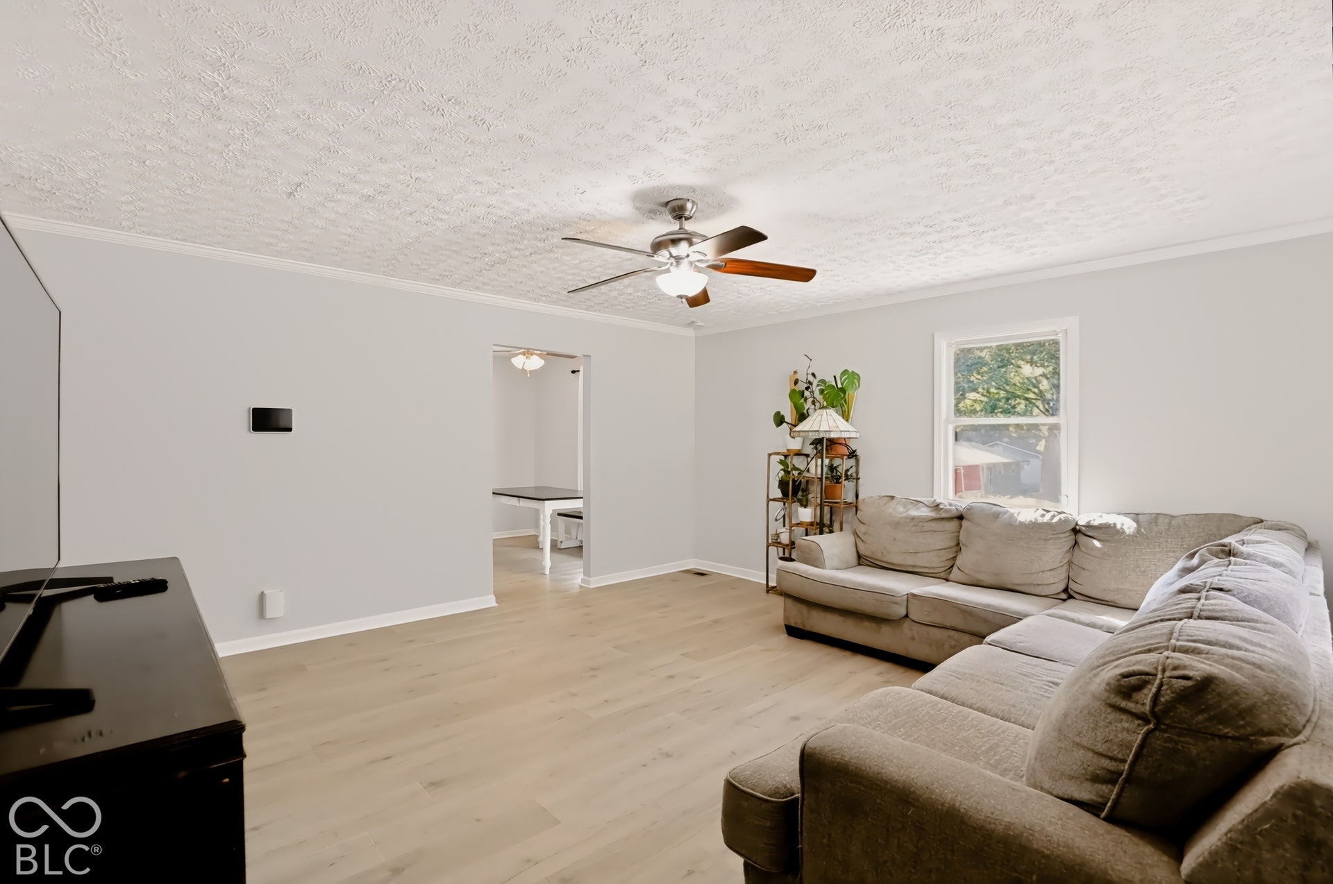 Living space featuring wood-finish flooring, a textured ceiling, a central ceiling fan with integrated lighting, and a window