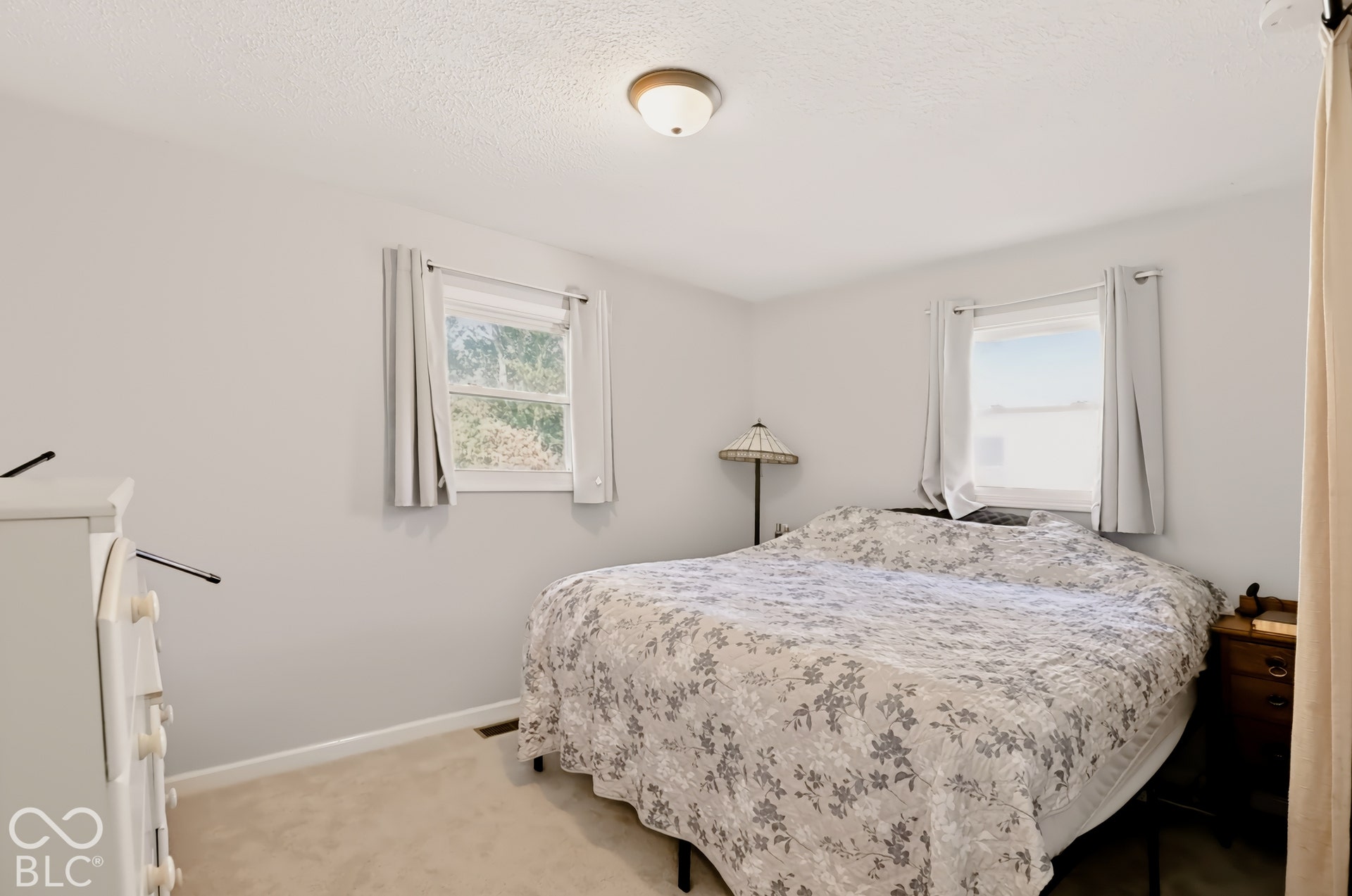Neutral wall color, wall-to-wall carpeting, and two double-hung windows with white-finished frames
