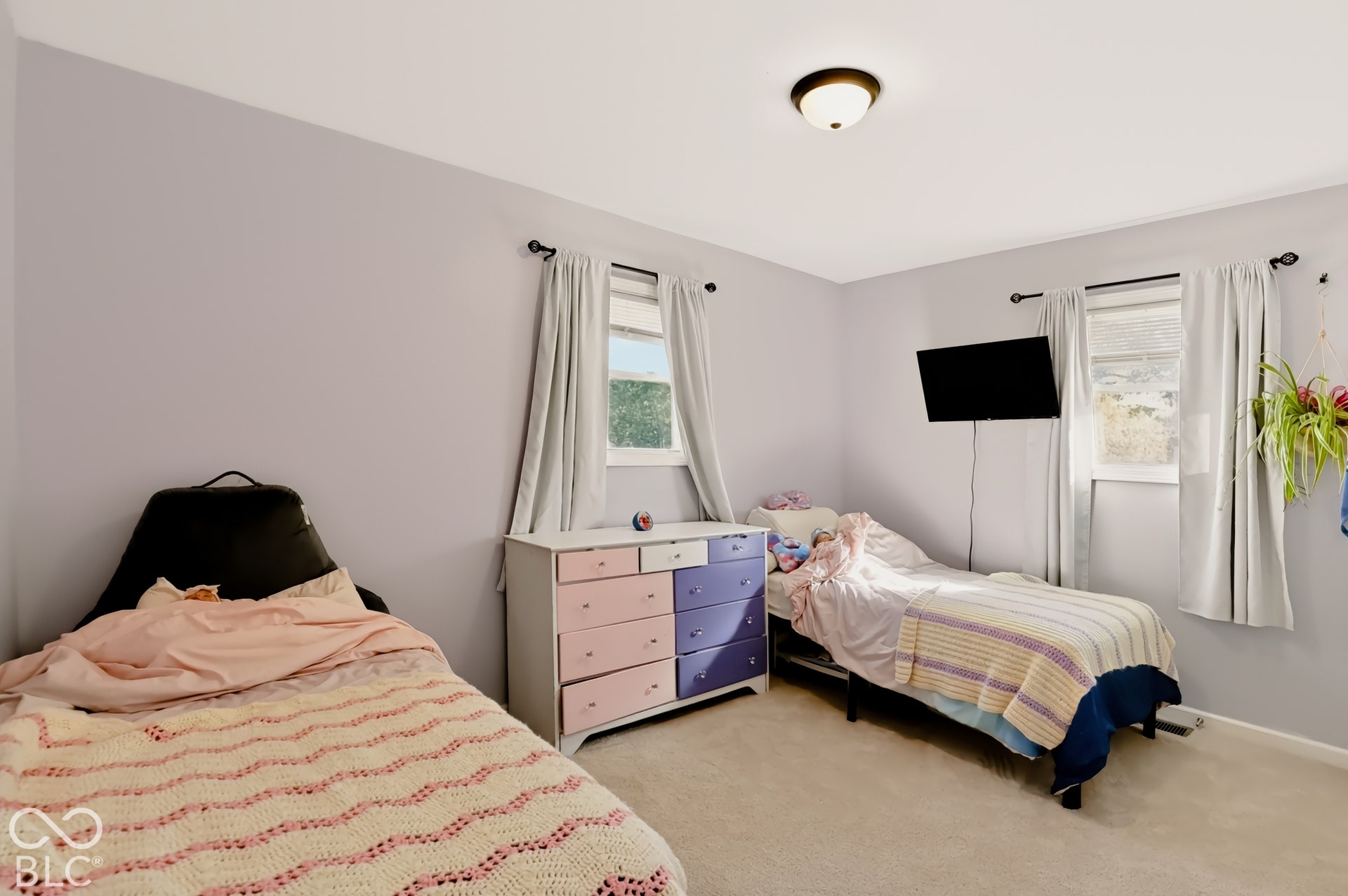 Room featuring neutral wall paint, carpeted flooring, two windows with installed curtain rods, and a flush-mount ceiling light fixture