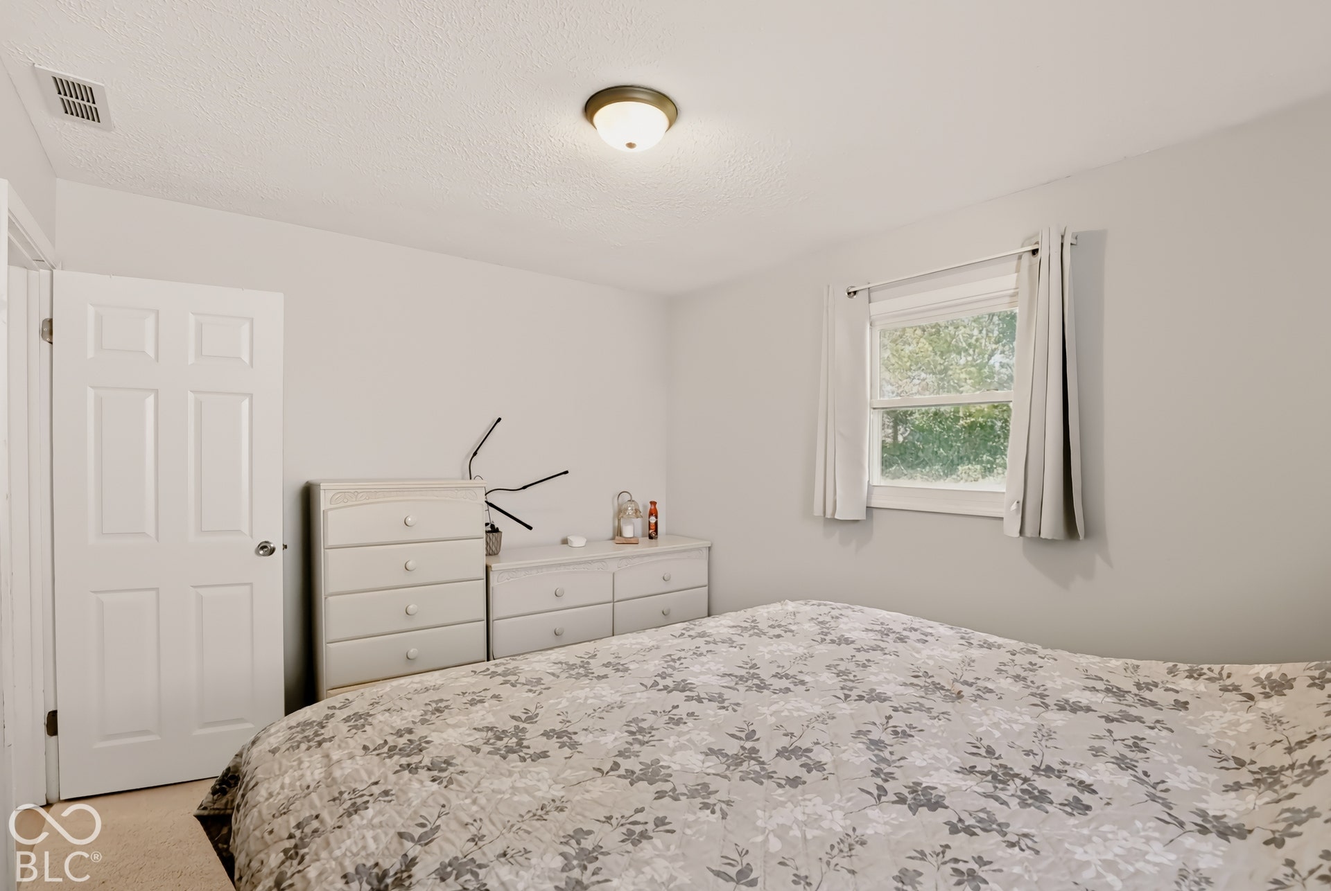 Neutral wall finishes, single-hung window, and flush-mount ceiling lighting fixture