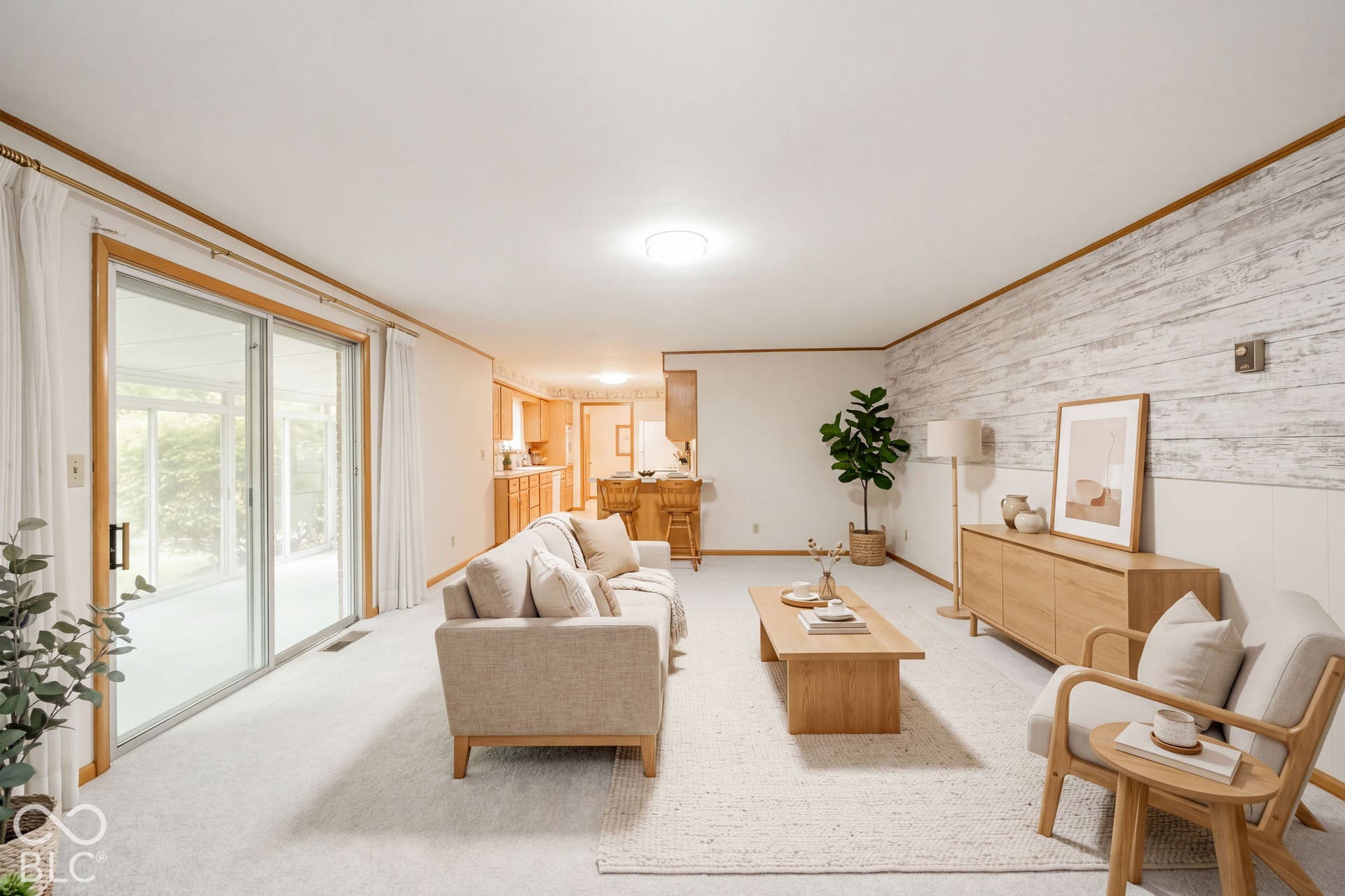 Virtually Altered - Living space featuring sliding glass doors, white-washed wood-finish wall paneling, flush-mount ceiling lighting, and wall-to-wall carpeting. Virtually Staged.
