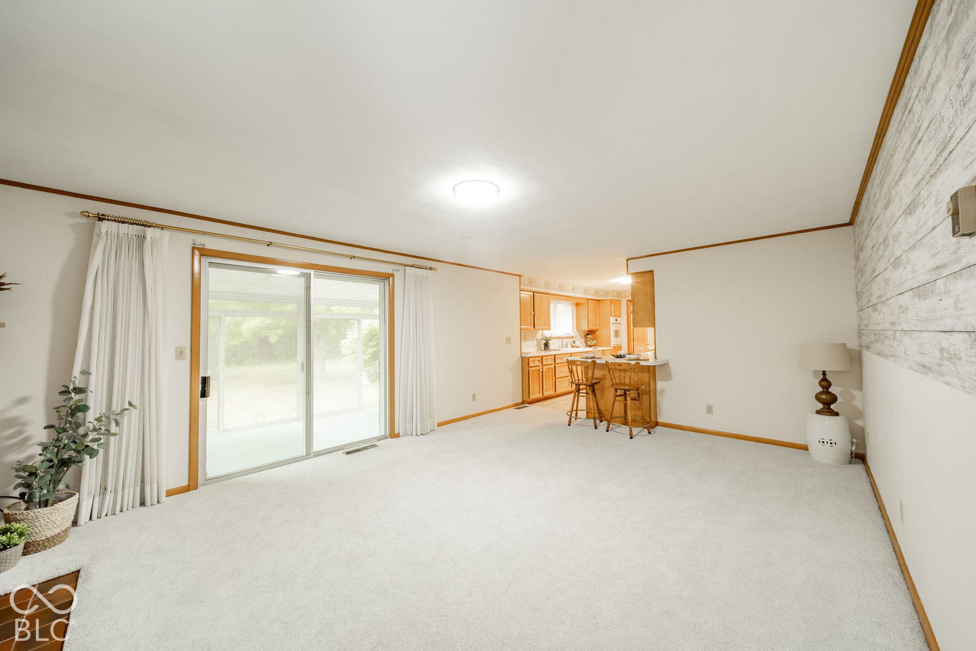 Open-concept living space featuring a sliding glass door, white wall-to-wall carpeting, and a decorative wood-plank accent wall