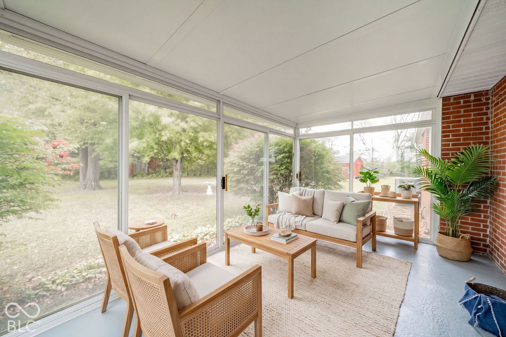 Virtually Altered - Enclosed sunroom featuring floor-to-ceiling glass panel walls, exposed red brick masonry, a neutral-toned ceiling, and a painted concrete floor. Virtually Staged.