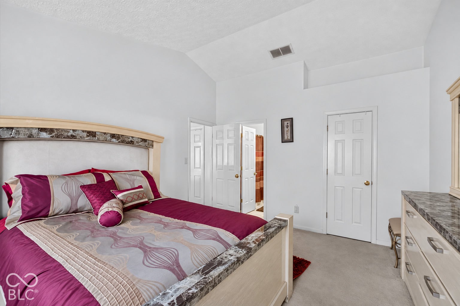 Vaulted ceilings, carpeted flooring, and six-panel interior doors