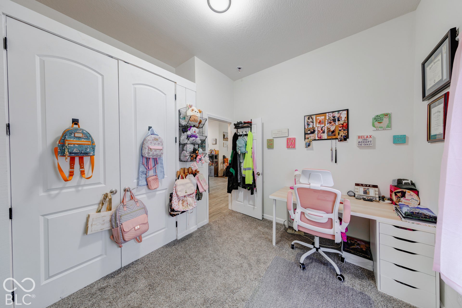 Room featuring carpeted flooring, white two-panel closet doors with brushed nickel hardware, and a single-bulb flush-mount ceiling fixture