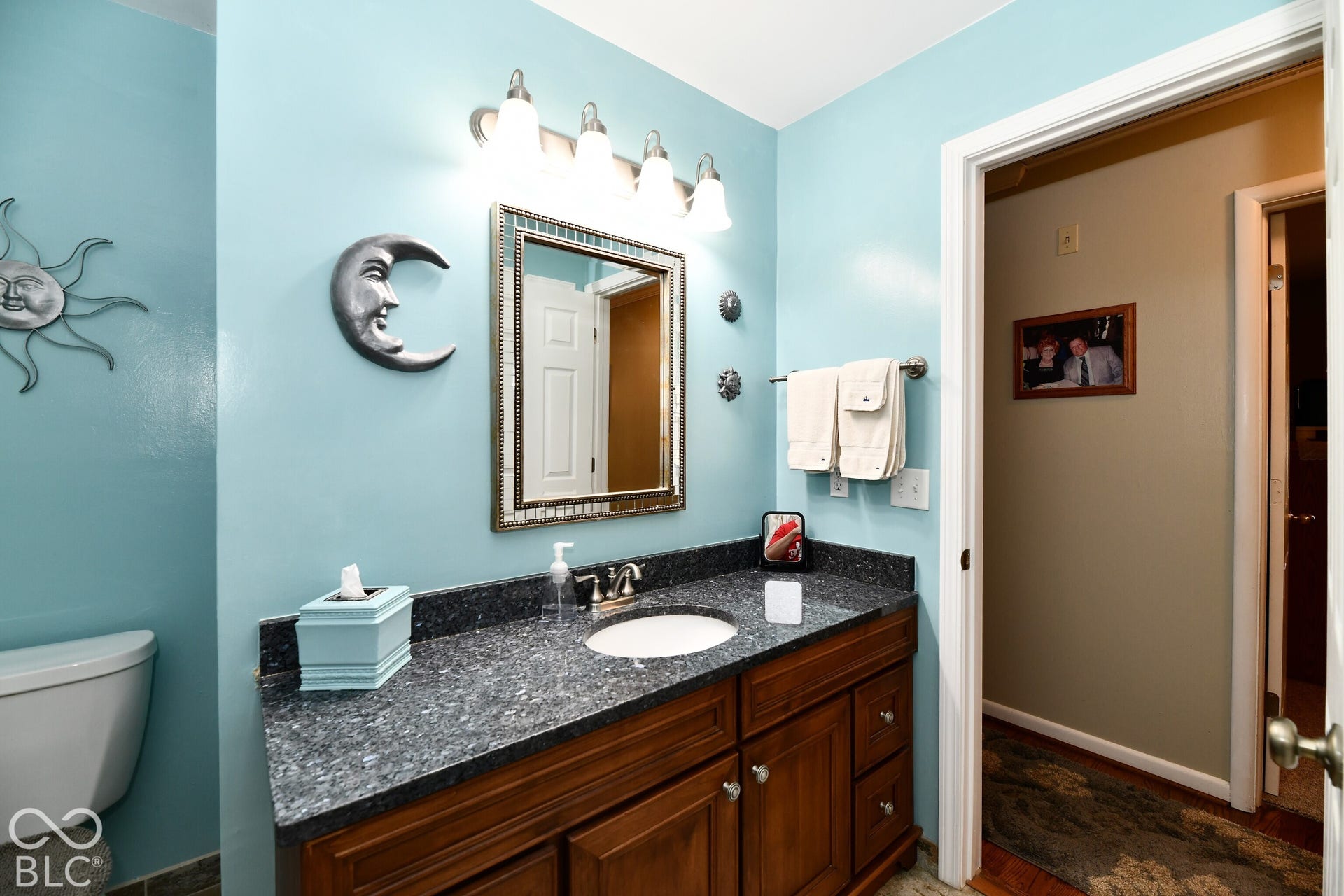 Bathroom vanity featuring a dark stone countertop, an integrated oval sink, traditional wood cabinetry, and a four-light fixture