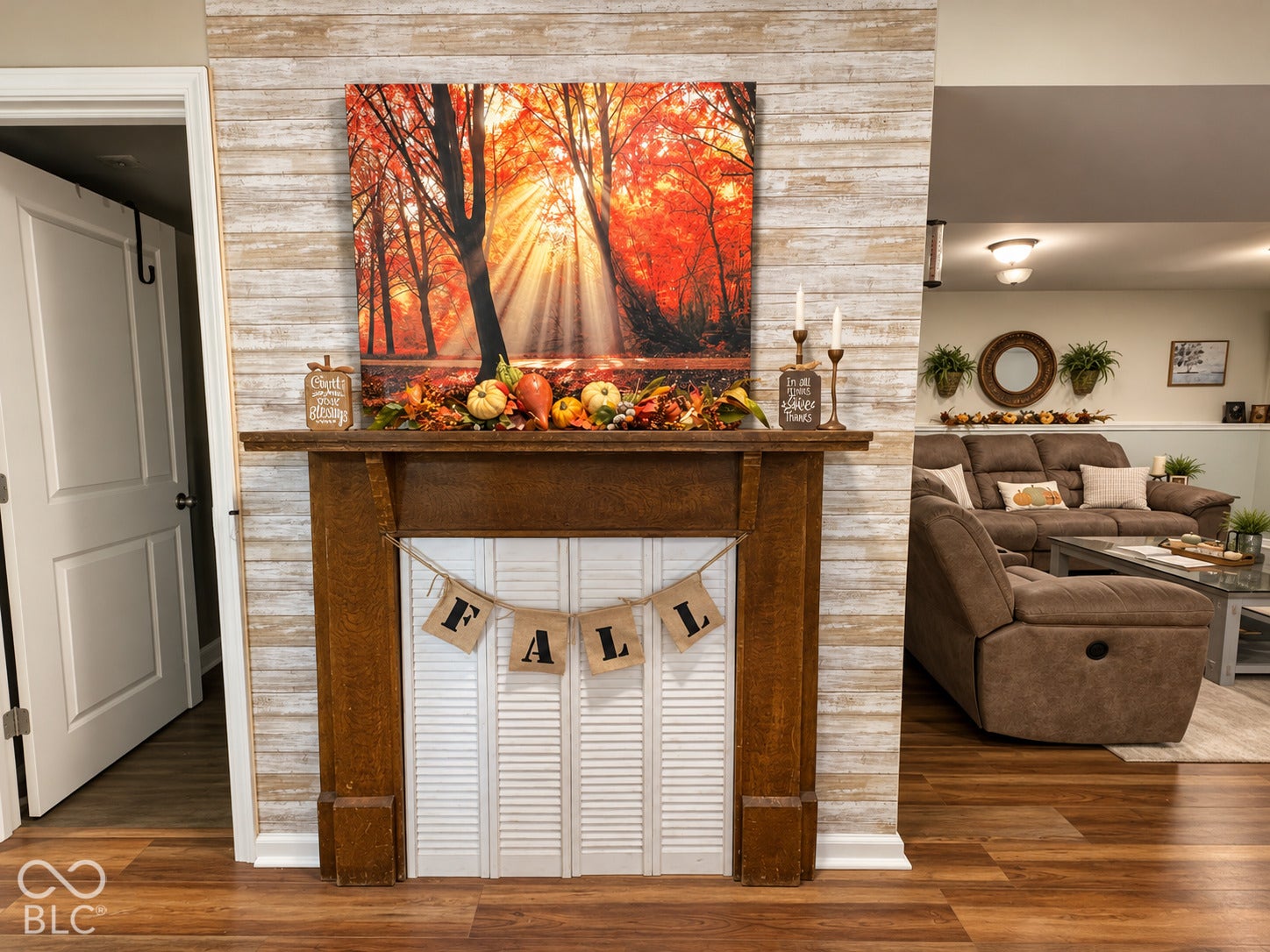 Faux wall fireplace can change designs with the seasons