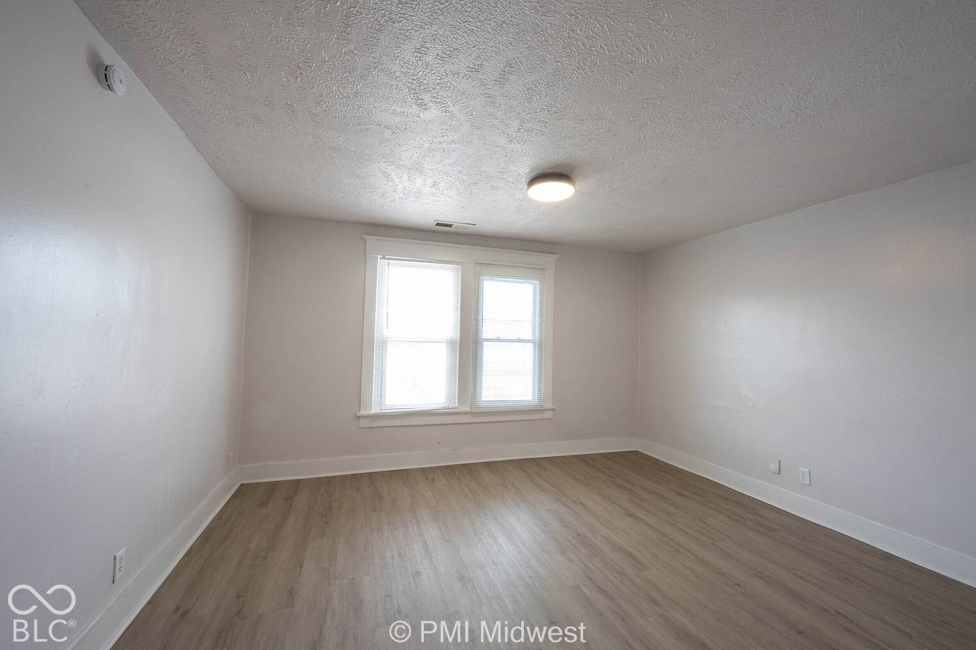 Interior room featuring neutral-toned walls, wood-finish flooring, dual-pane windows with white trim, and a ceiling-mounted flush light fixture