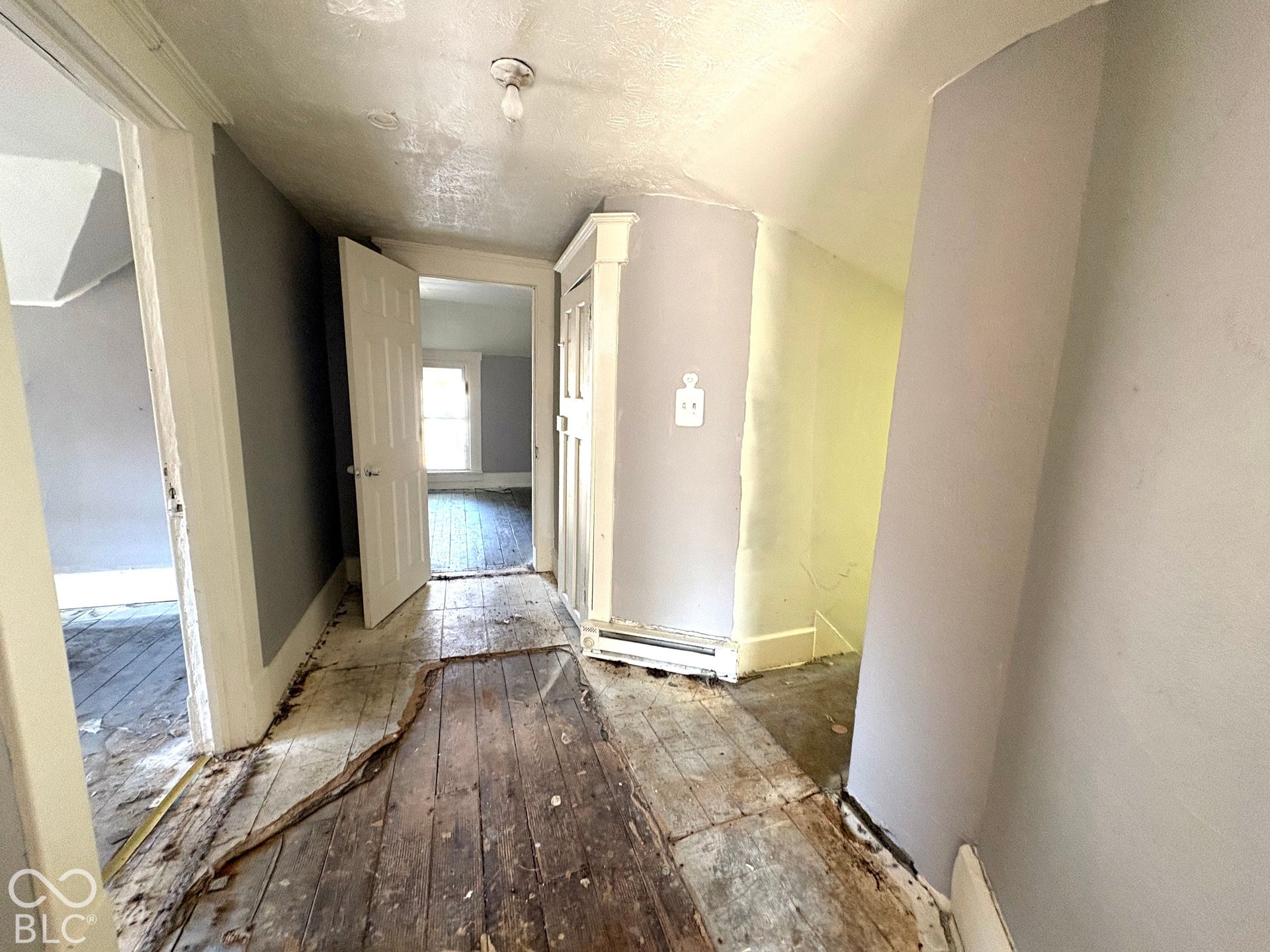 Interior hallway featuring exposed wood flooring, built-in cabinetry, and white paneled doors