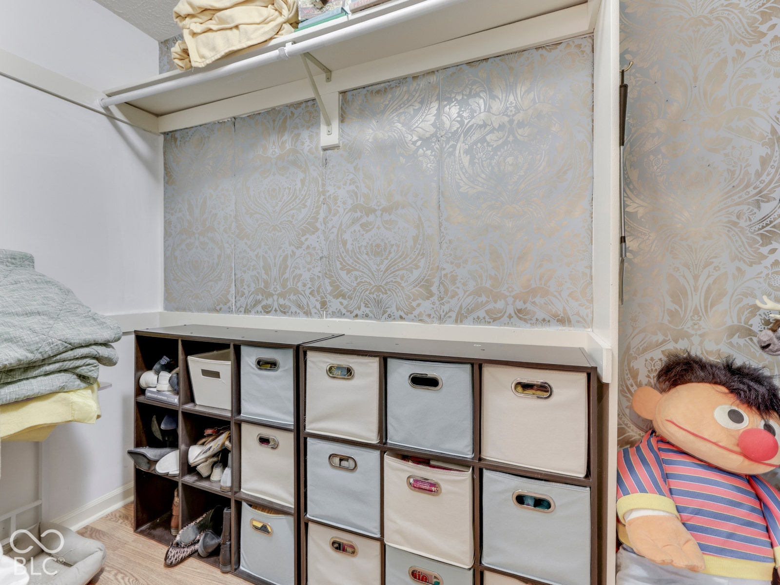 770 Ivy Lane, Greenwood, IN 46143 Storage closet featuring patterned wallpaper, a built-in overhead shelf, and integrated cubby shelving