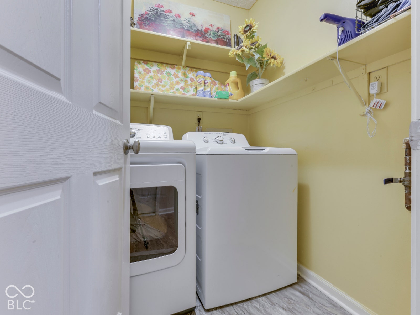 770 Ivy Lane, Greenwood, IN 46143 Laundry area featuring built-in shelving, wood-finish flooring, and a solid-core panel door