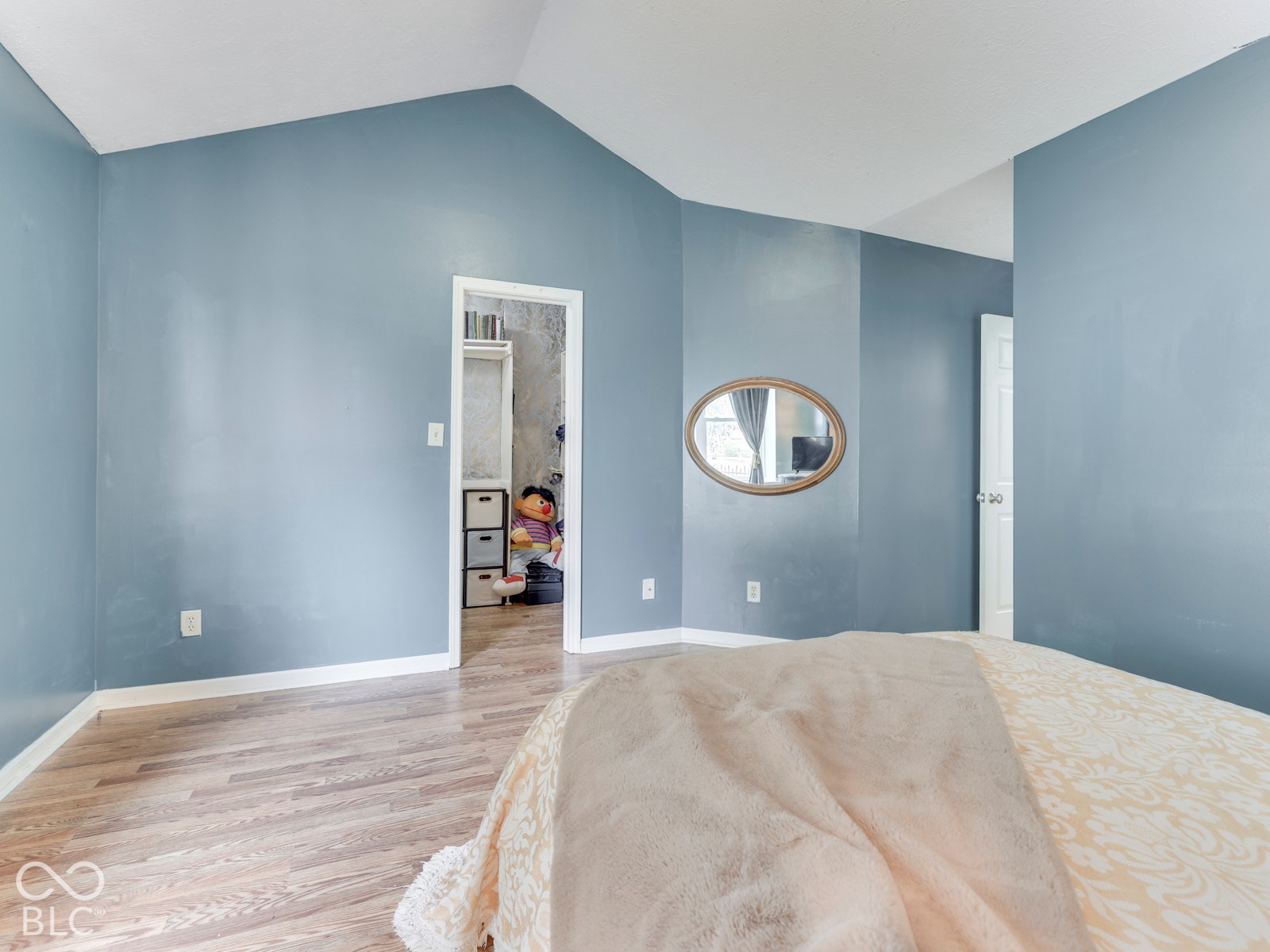 770 Ivy Lane, Greenwood, IN 46143 Vaulted ceilings, wood-finish flooring, and a wall-mounted oval mirror