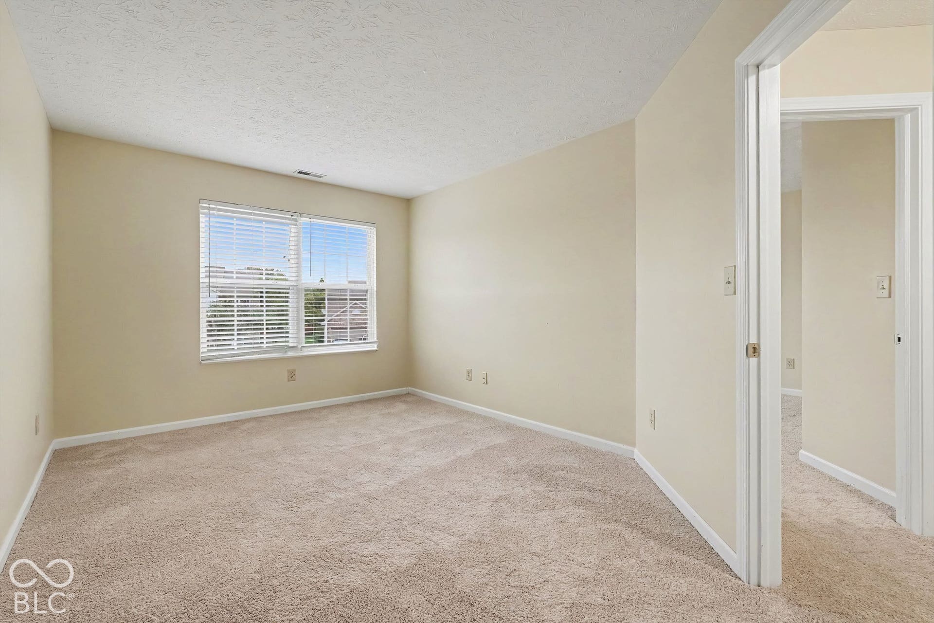 Neutral-toned interior space featuring wall-to-wall carpeting, window with slatted blinds, and white door trim