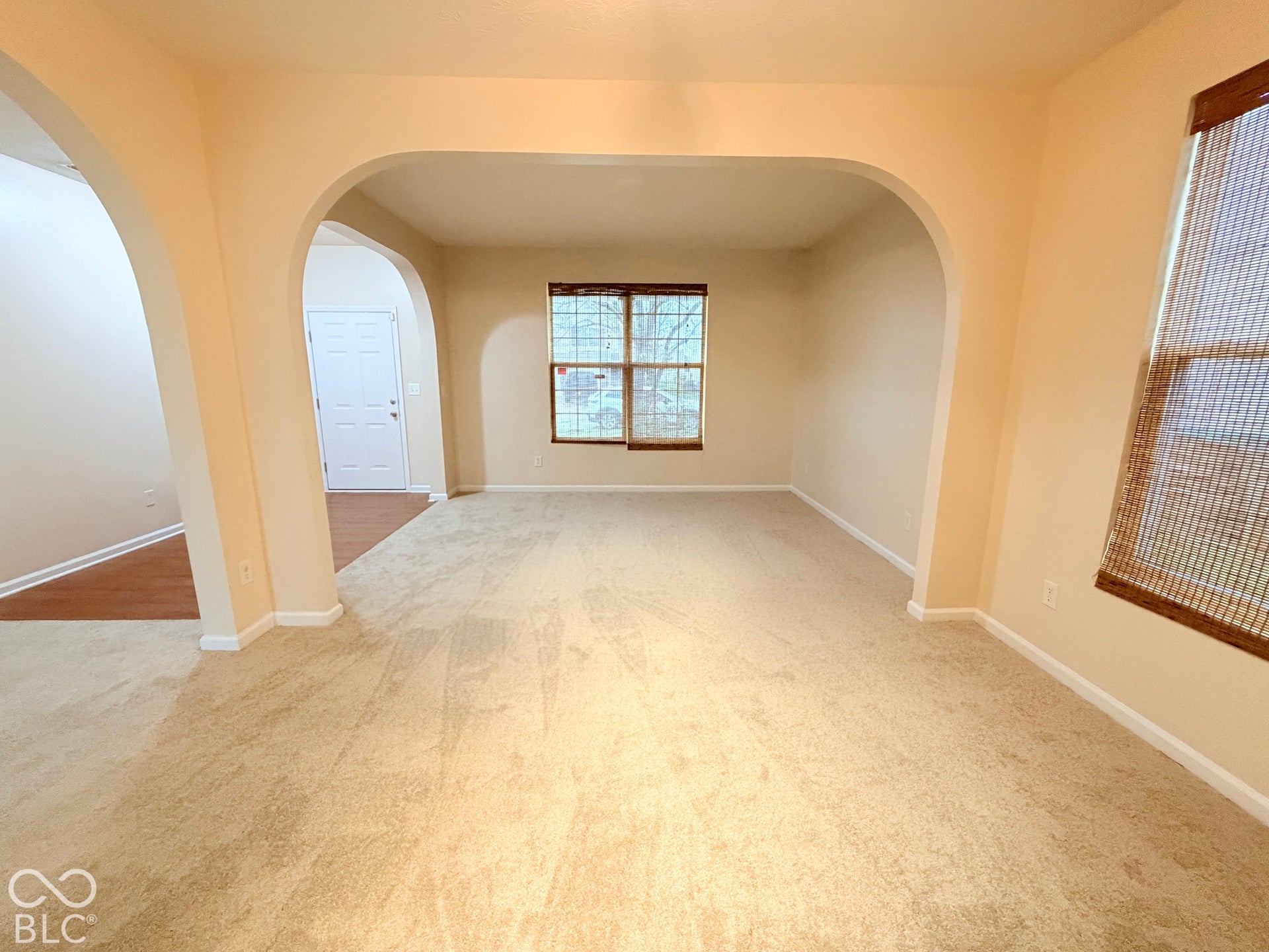 Interior space featuring arched architectural detailing, neutral wall tones, multi-pane windows, and wall-to-wall carpeting