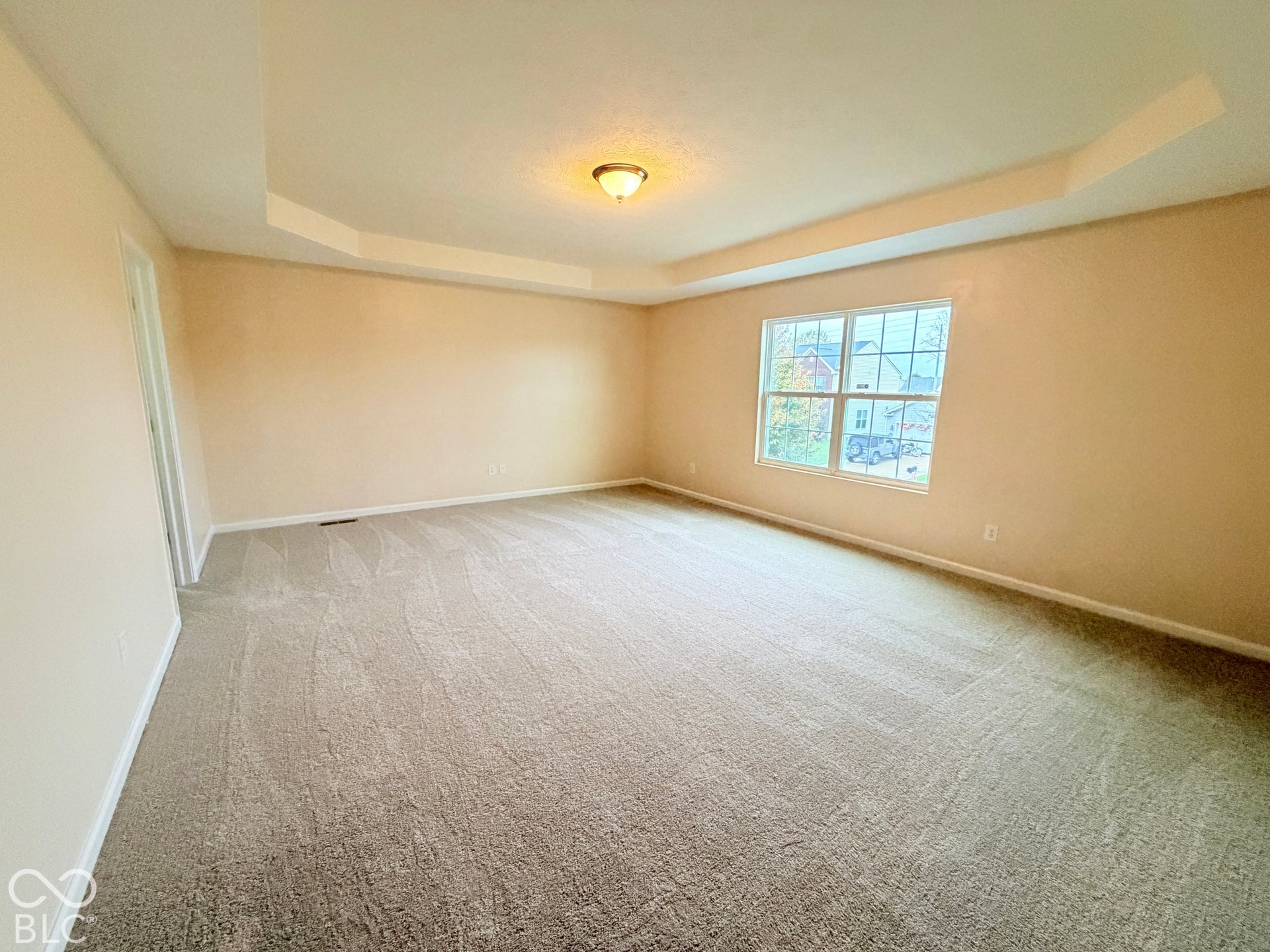 Tray ceiling, neutral wall tones, carpeted flooring, and a multi-pane window
