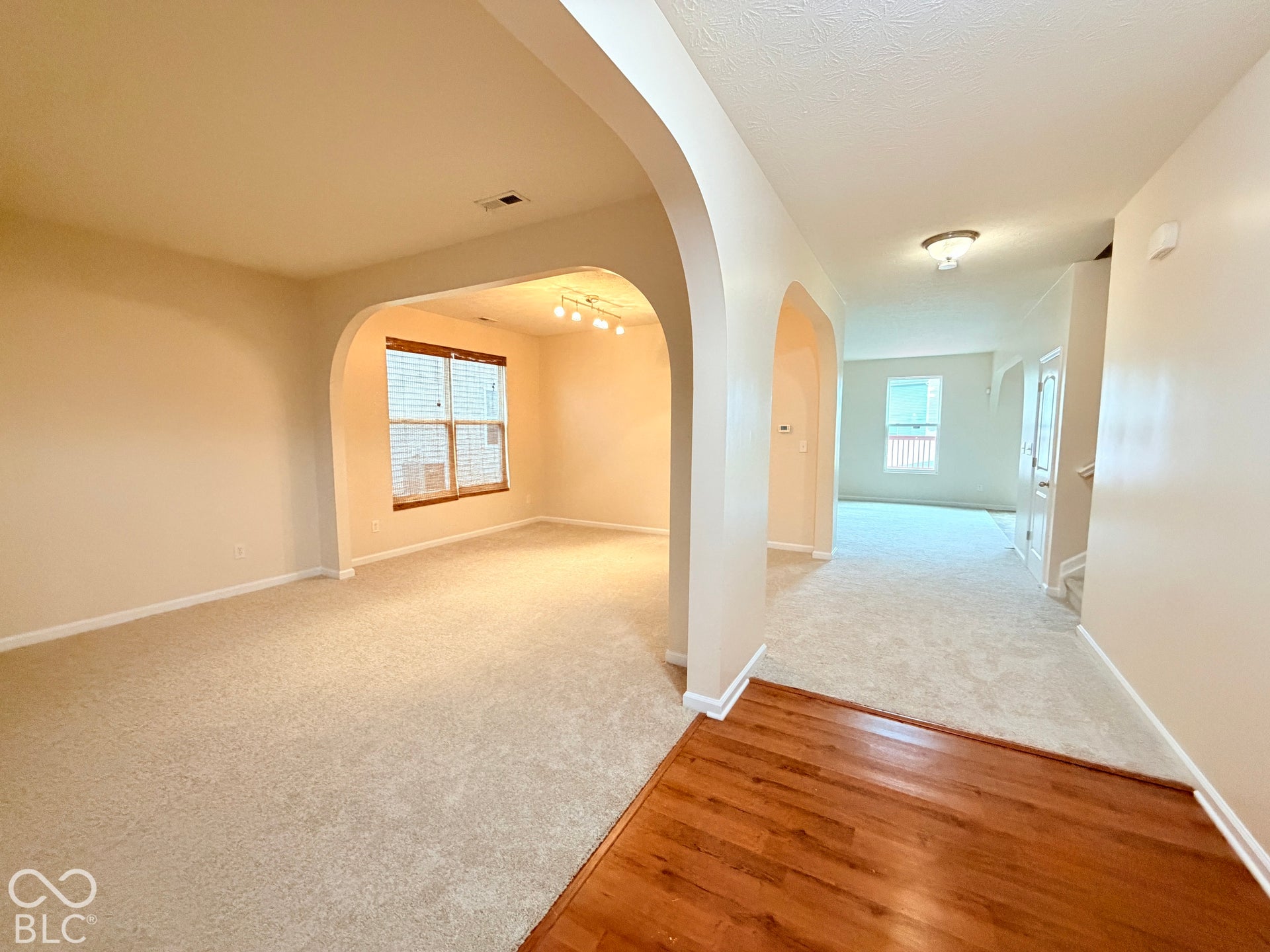 Interior featuring arched architectural detailing, neutral carpeting, wood-finish flooring, and multi-light fixtures