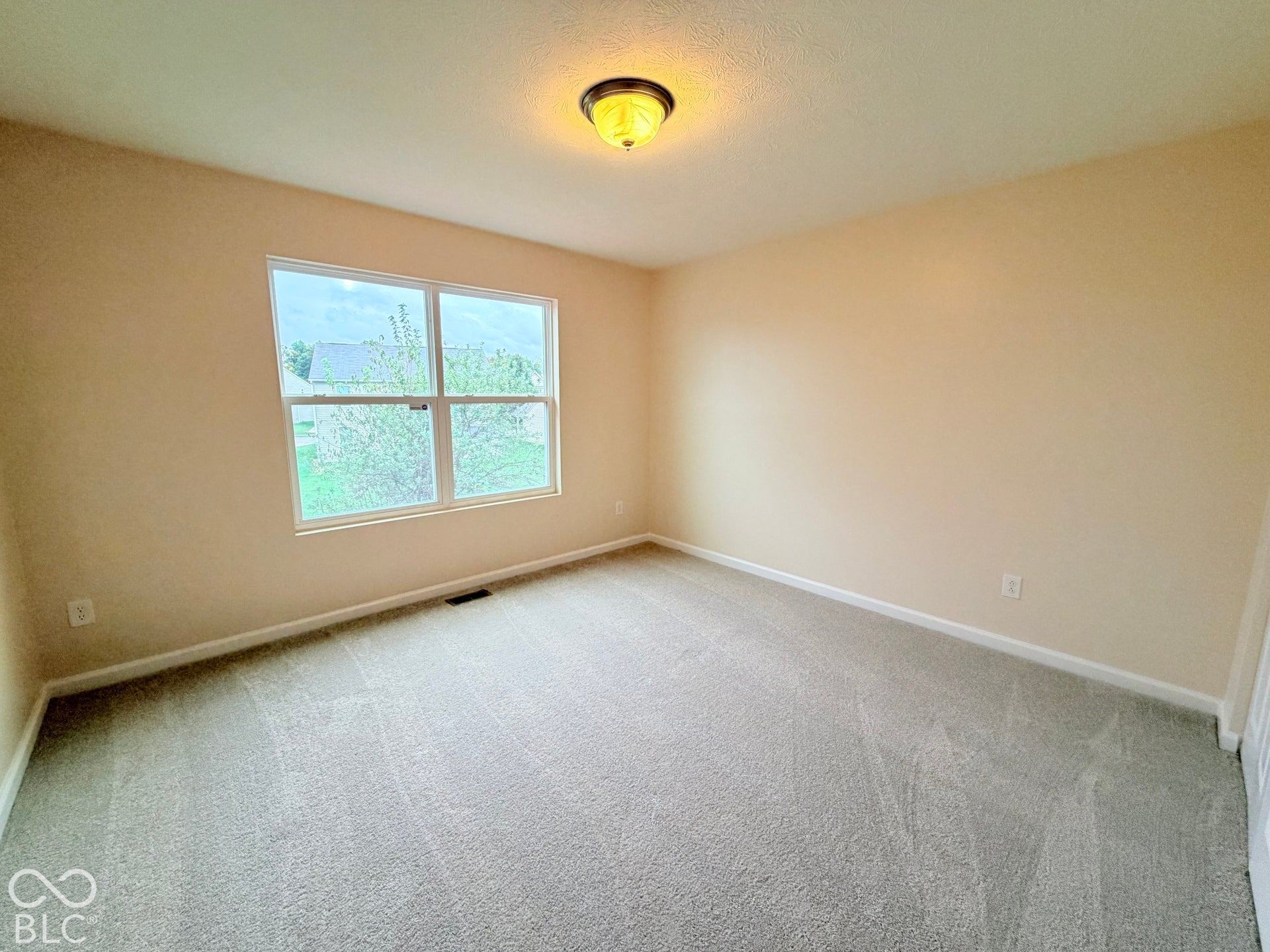 Neutral wall paint, plush carpeting, double-pane window, and flush-mount ceiling lighting