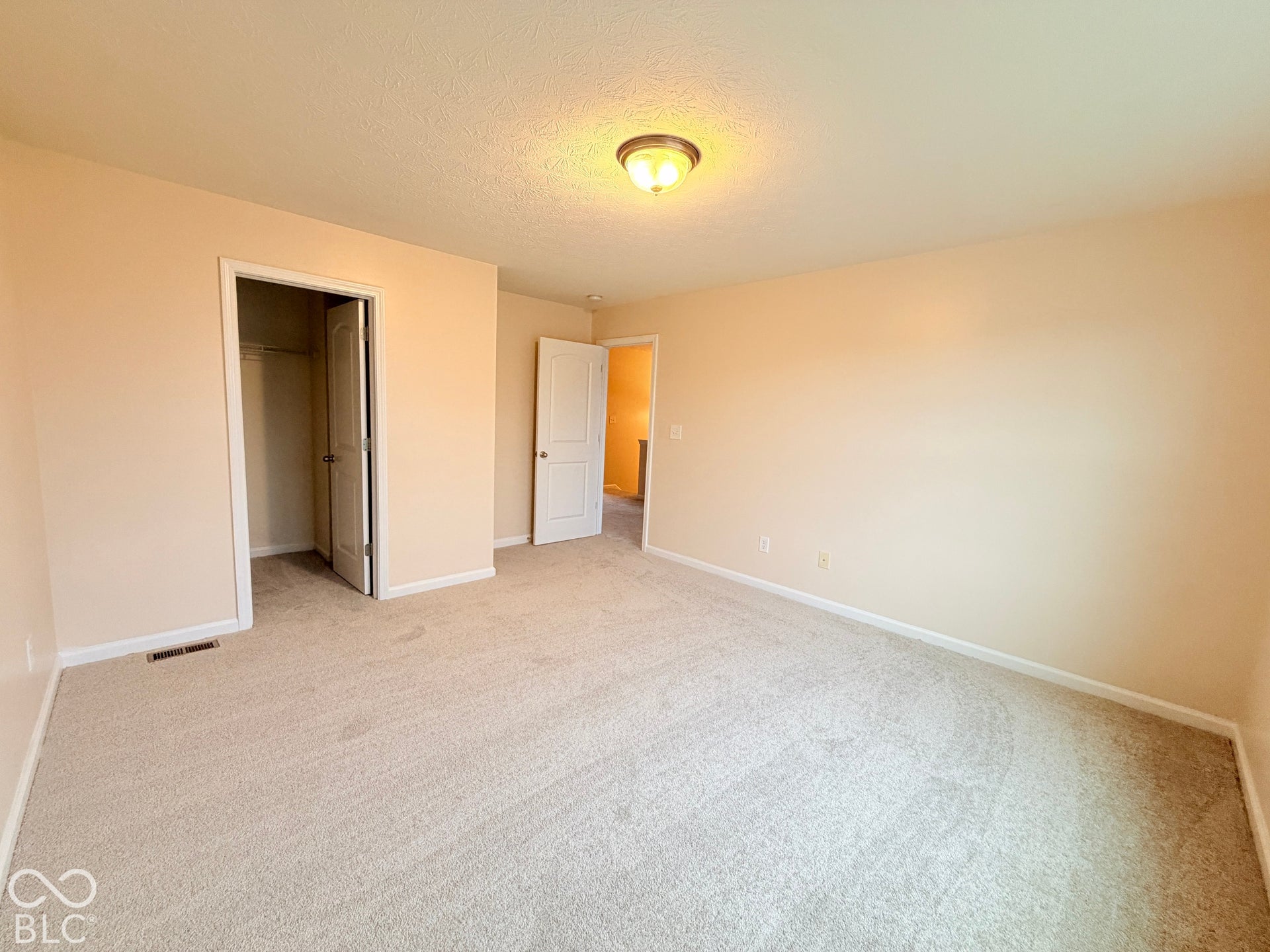 Neutral wall-to-wall carpeting, flush-mount ceiling light fixture, and paneled interior doors