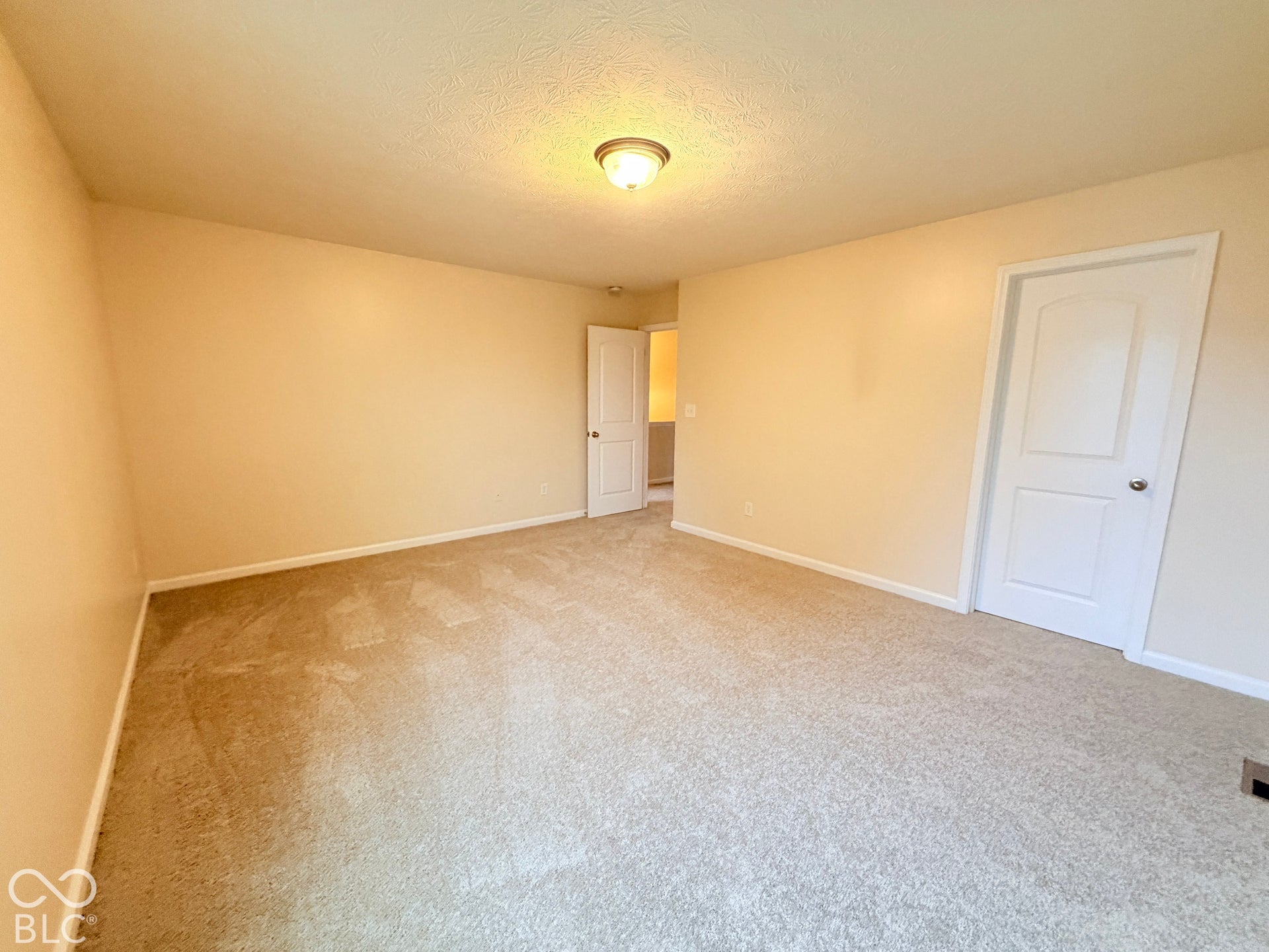 Neutral-toned interior space featuring wall-to-wall carpeting, flush-mount ceiling lighting, and two-panel interior doors