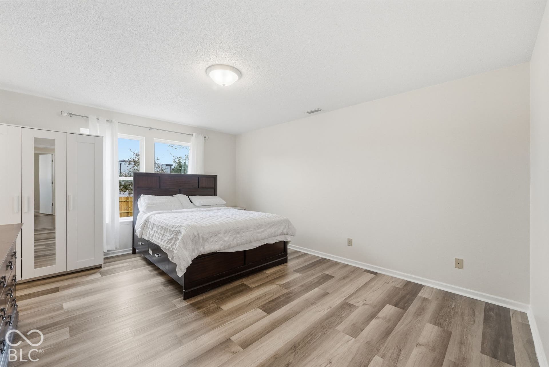 Room featuring wood-finish flooring, dual windows with decorative hardware, a ceiling-mounted light fixture, and a neutral color palette