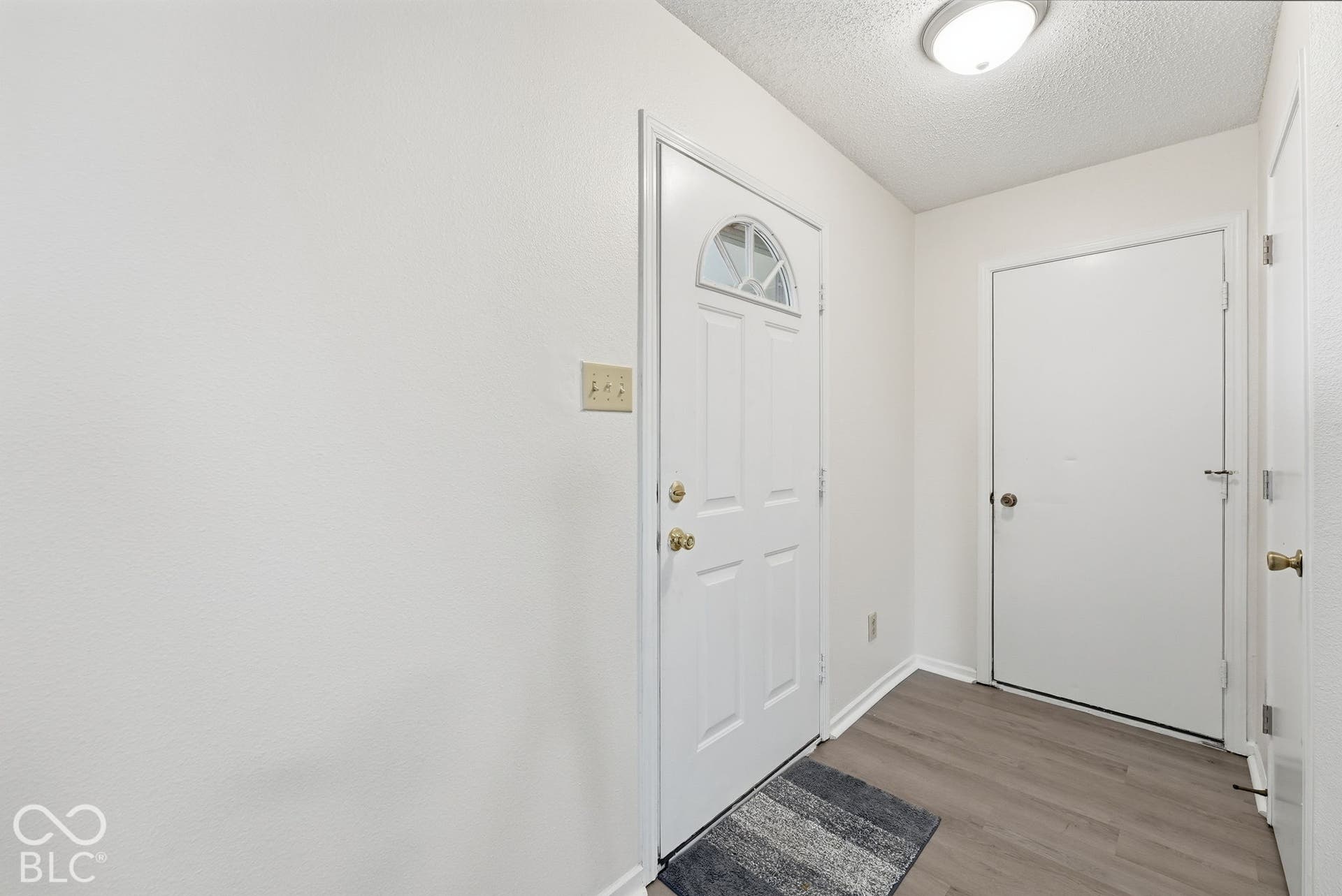 Entry featuring a white front door with a semicircular transom window, wood-finish flooring, and a flush-mount ceiling light fixture