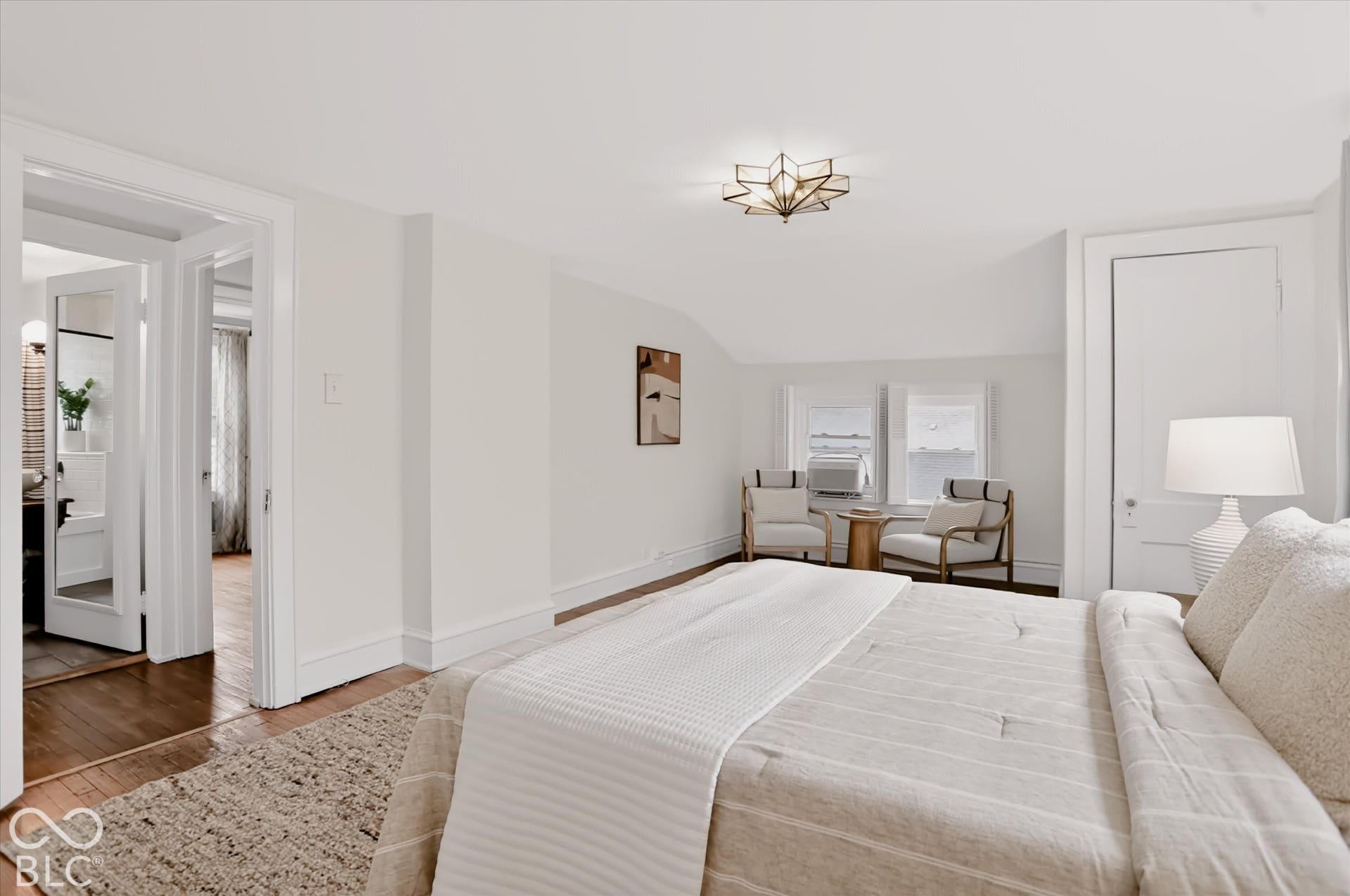 Spacious room featuring a geometric star-shaped flush-mount ceiling light, white paneled interior doors, and wood-finish flooring