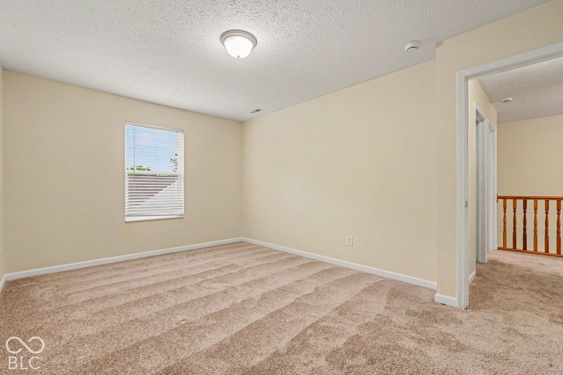 Neutral wall-to-wall carpeting, single-pane window with horizontal blinds, flush-mount ceiling lighting, and wooden baluster railing