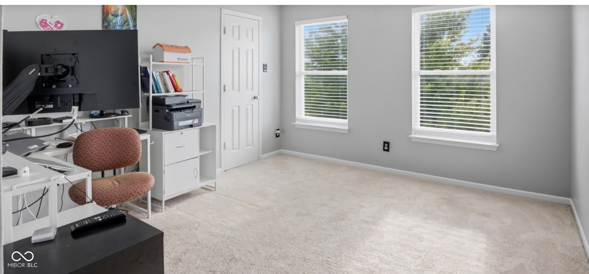 Carpeted room featuring two windows with horizontal blinds, a white paneled door, and light gray walls