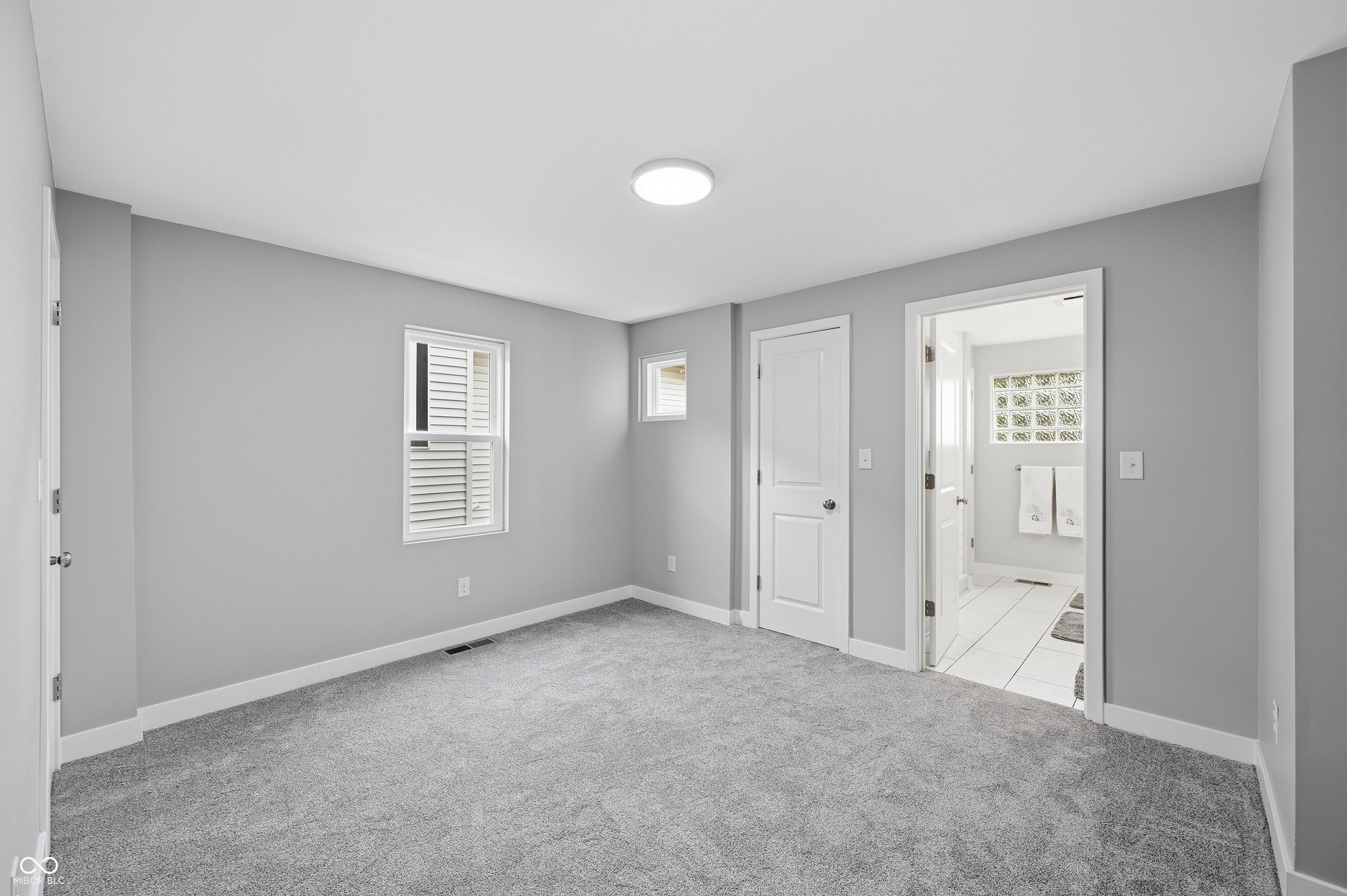 Spacious bedroom featuring light gray walls, plush gray carpeting, white trim, a flush-mount ceiling light, and a window with white louvered blinds