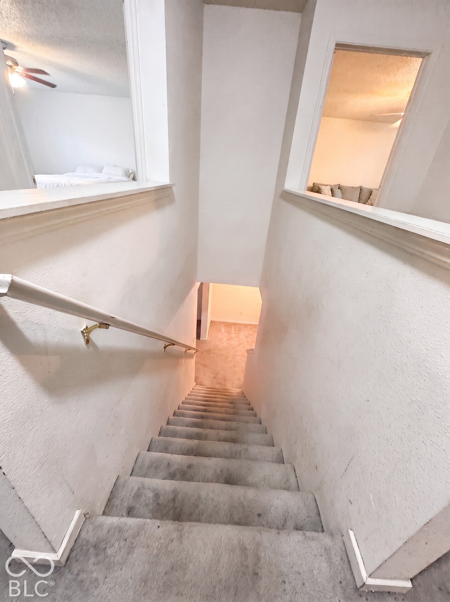 Virtually Altered - Carpeted staircase featuring a mounted handrail and dual cut-out wall openings