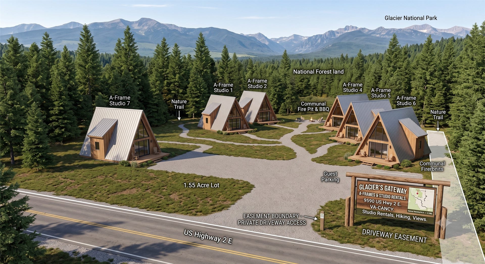9590 US Hwy 2 E, Martin City, MT 59926 AI Commercial Rendering-Cabin Rentals