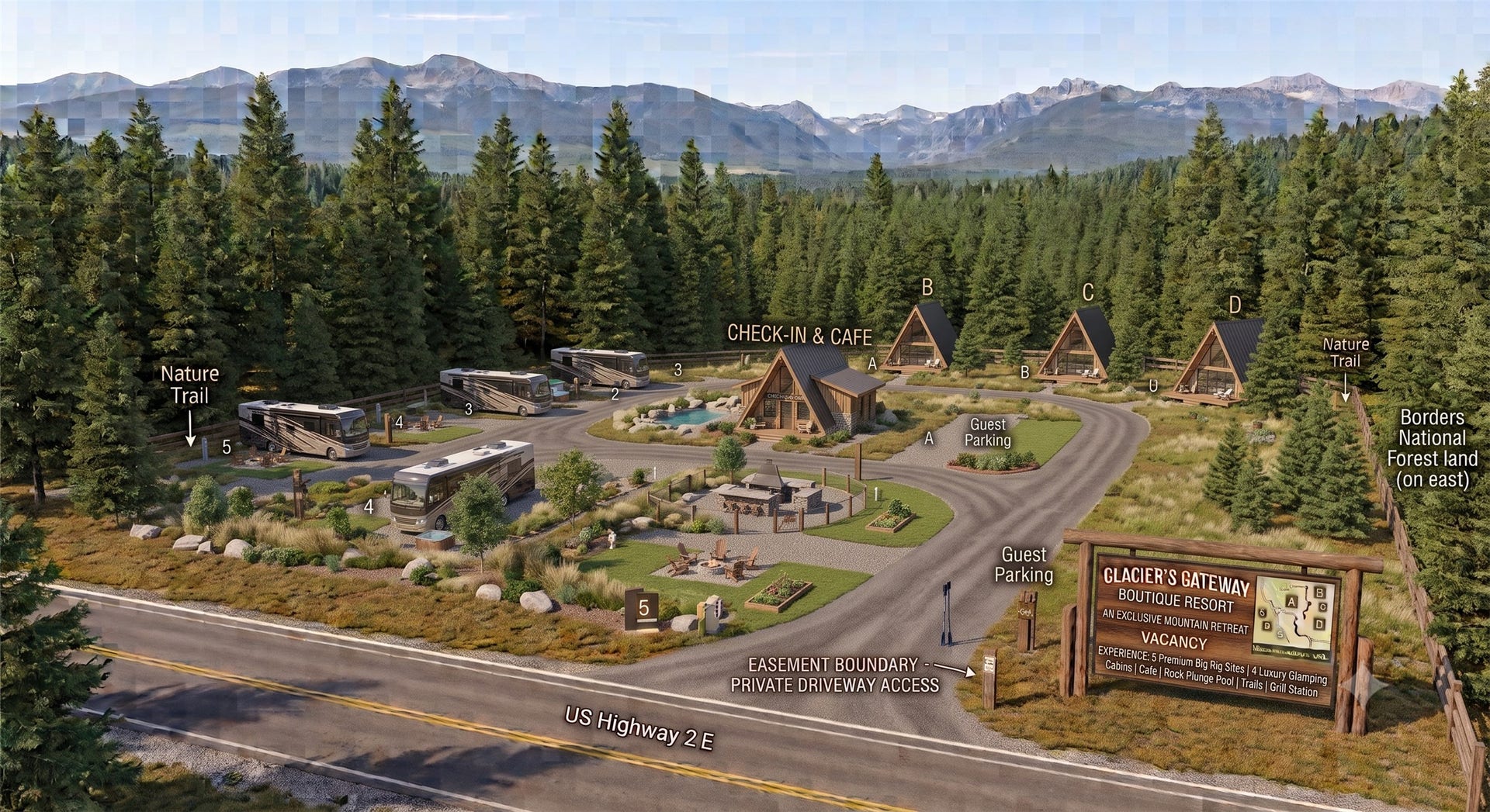 9590 US Hwy 2 E, Martin City, MT 59926 AI Commercial Rendering-RV Park & Cabin Rental