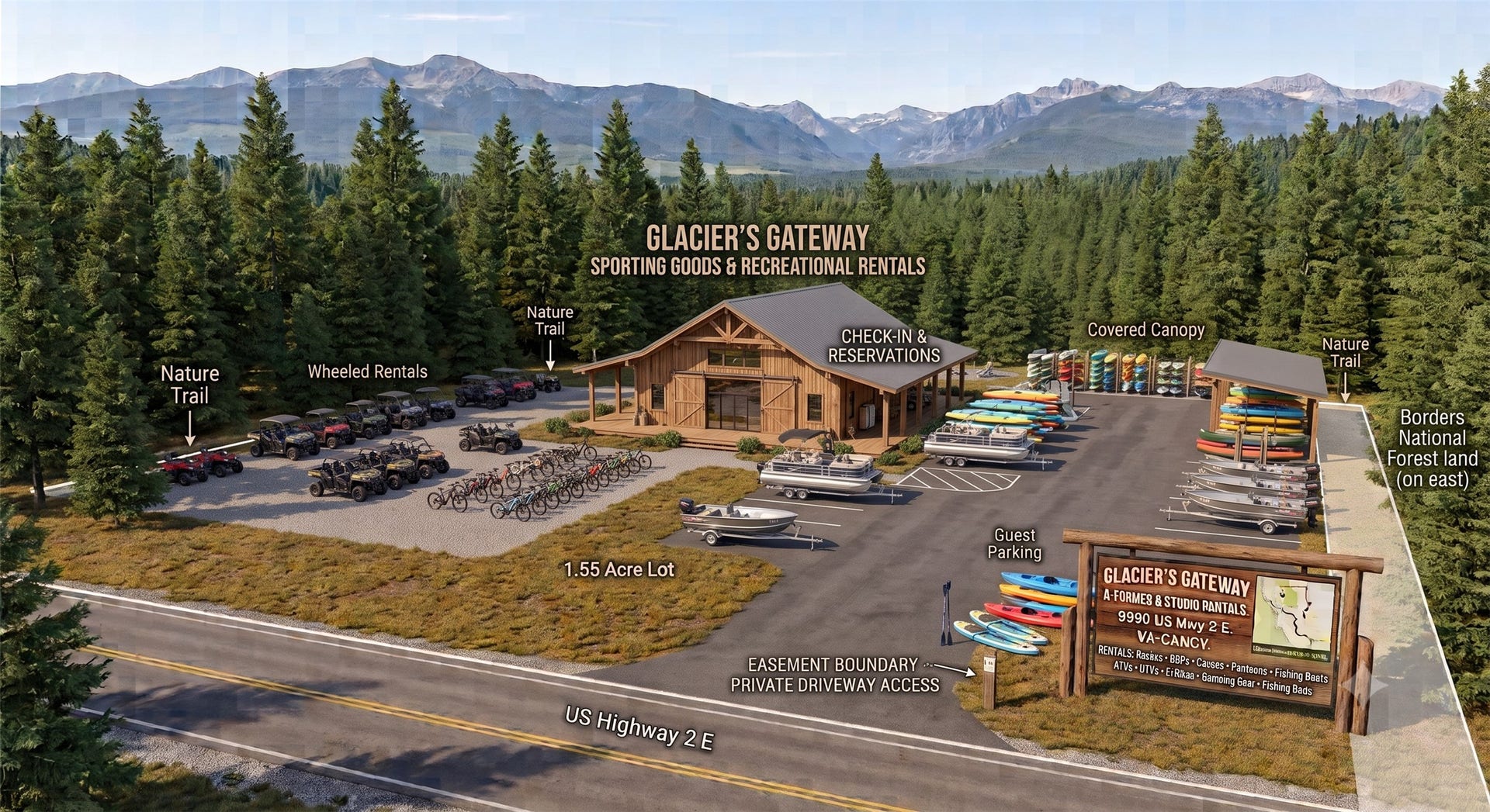 9590 US Hwy 2 E, Martin City, MT 59926 AI Commercial Rendering-Sporting Good & Rec. Rental Shop