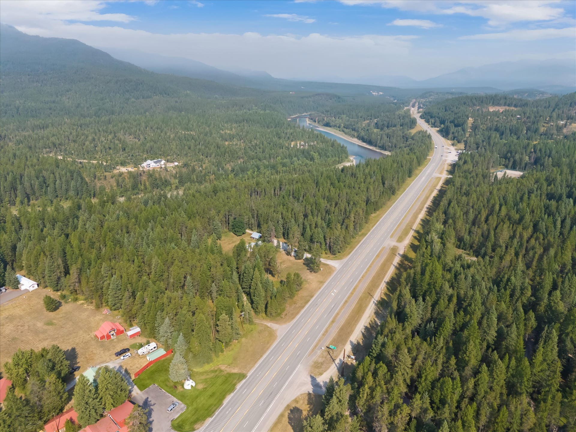 9590 US Hwy 2 E, Martin City, MT 59926 Aerial view of commercial property with Highway 2 frontage near Glacier National Park