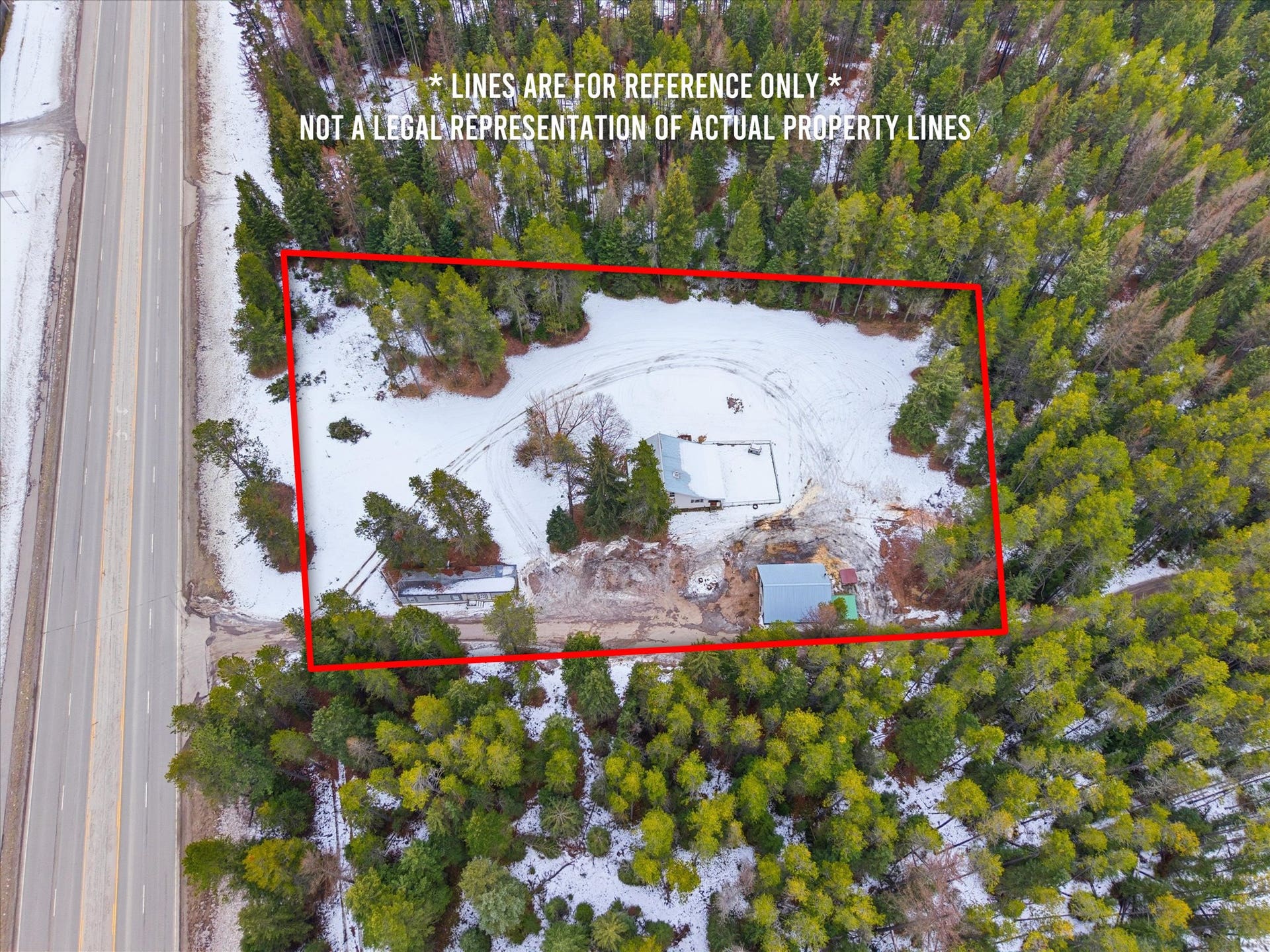 9590 US Hwy 2 E, Martin City, MT 59926 Aerial view of commercial property with Highway 2 frontage near Glacier National Park