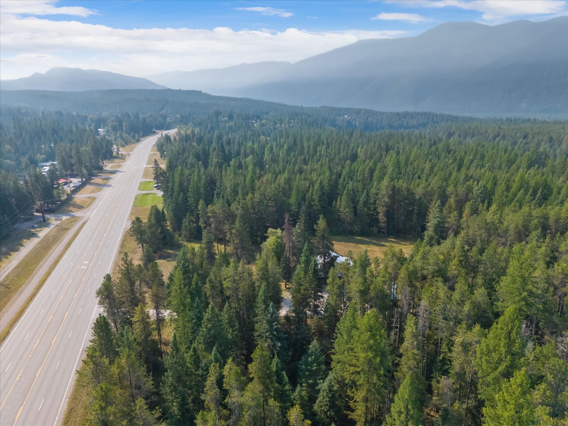 9590 US Hwy 2 E, Martin City, MT 59926 Aerial view of commercial property with Highway 2 frontage near Glacier National Park