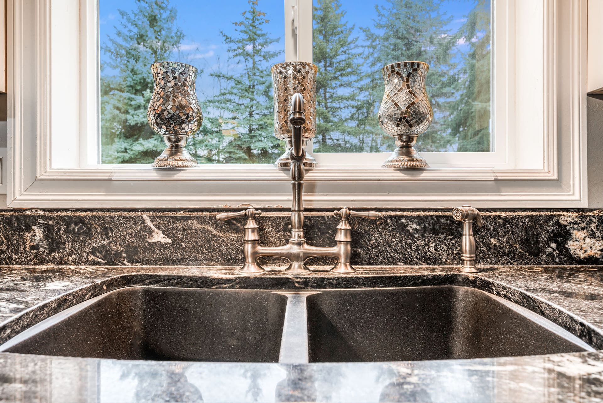 163 Crestview Drive, Bigfork, MT 59911 Deep under-mount sink and elegant gooseneck faucet with backyard views
