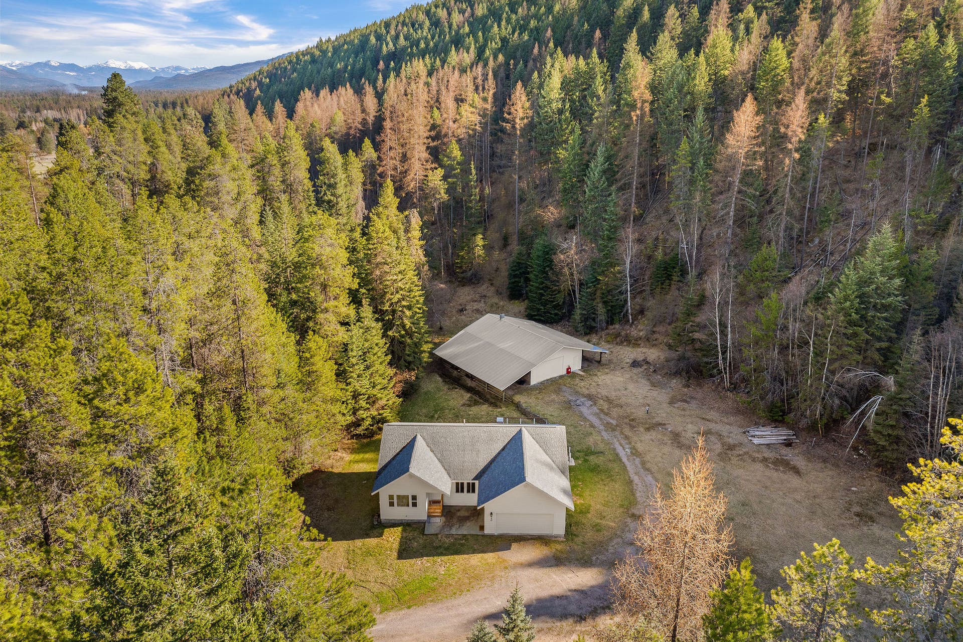 620 Swan River Road, Bigfork, MT 59911 Aerial of house and shop