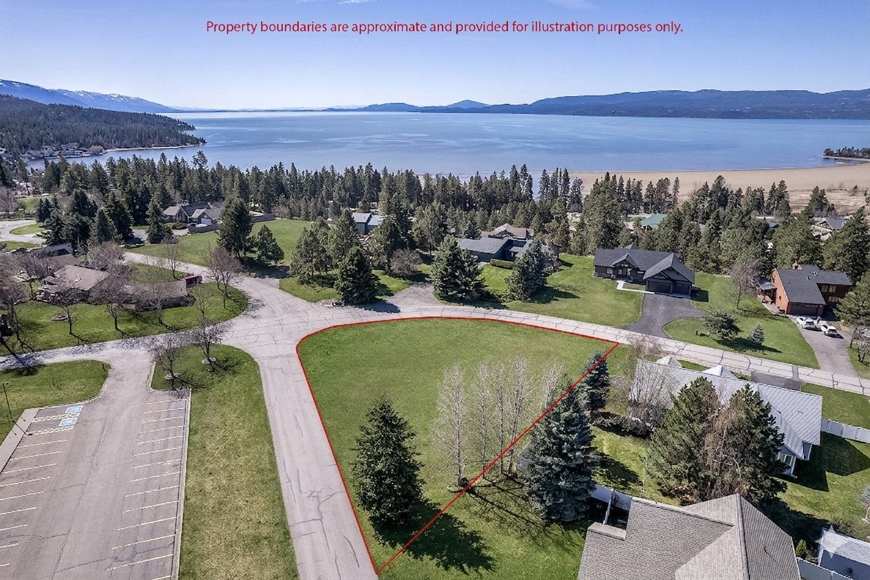 132 N Crestview Terrace, Bigfork, MT 59911 Ariel with estimated lot lines looking South towards Flathead Lake, Salish and Lower Mission Mountain Ranges